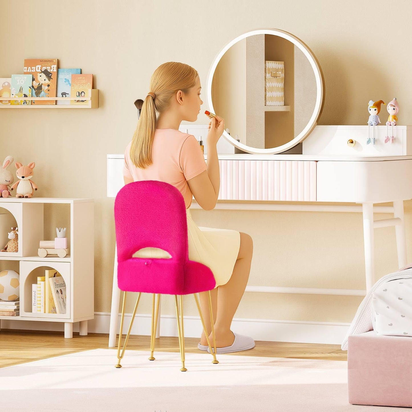 GREENSTELL Vanity Stool Chair with Storage and Folding Back, 13.4" x 15" x 30" Square Faux Fur Soft Ottoman, 4 Metal Legs with Anti-Slip Feet, Furry Padded Seat for Makeup, Bedroom, Rose