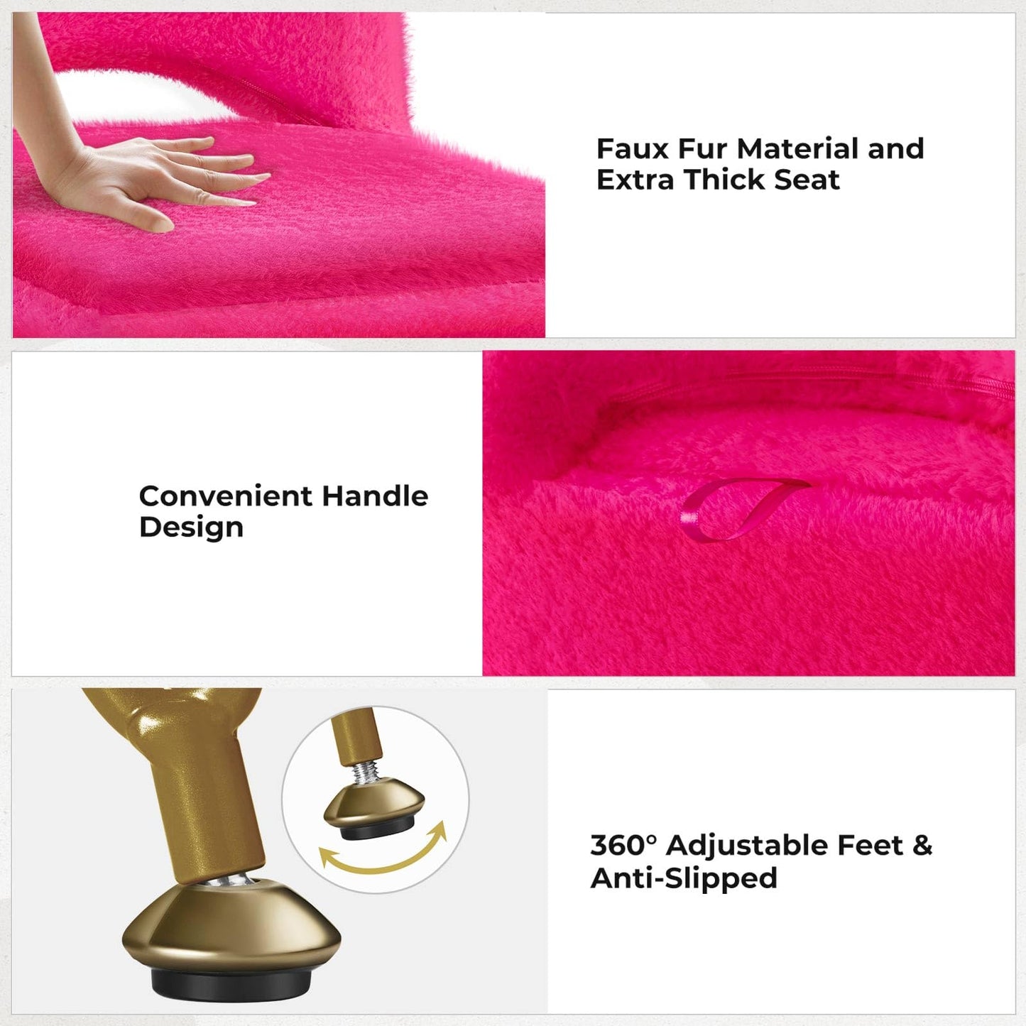 GREENSTELL Vanity Stool Chair with Storage and Folding Back, 13.4" x 15" x 30" Square Faux Fur Soft Ottoman, 4 Metal Legs with Anti-Slip Feet, Furry Padded Seat for Makeup, Bedroom, Rose