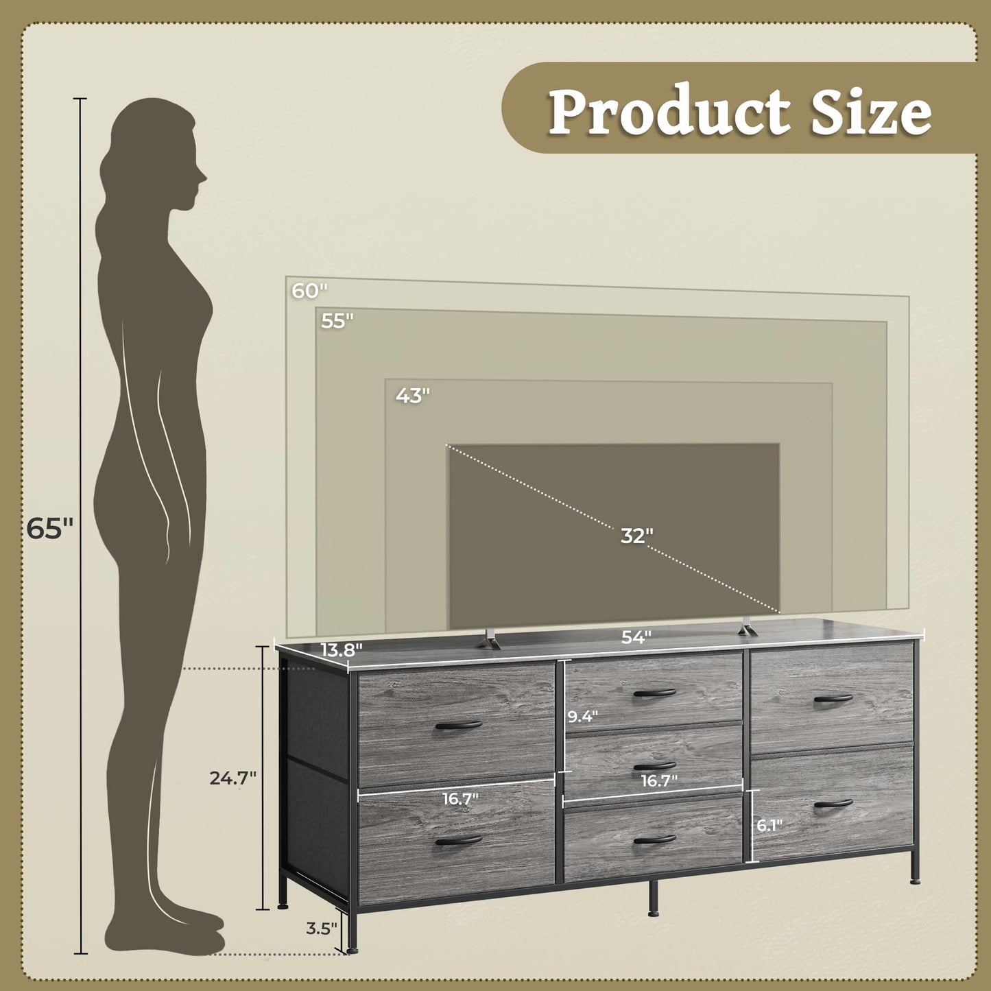 Huuger Dresser for Bedroom, 55 Inch TV Stand for 43, 55, 60 Inch TV, Long Fabric Dresser for Closet, TV Stand with 7 Drawers, Storage, Clothing, Grey