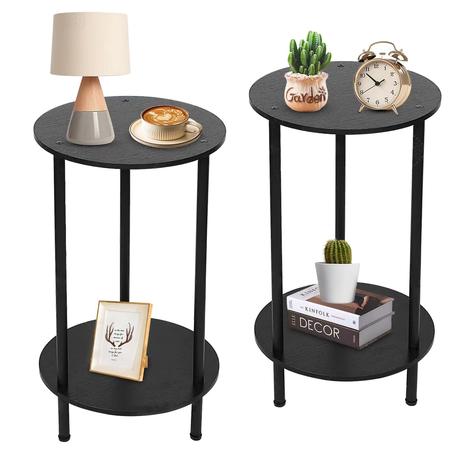 BITYODD Round Side Table Set of 2, 2-Tier End Table, Small Round Nightstands with Storage Shelf, Modern Accent/Coffee/Bedside Table for Living Room, Bedroom-Black