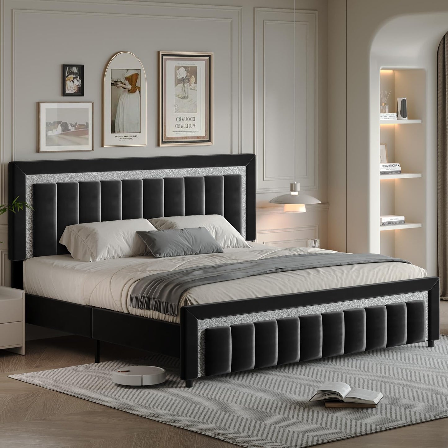 HOMBCK King Size Bed Frame with Headboard, Velvet Upholstered Bed with Diamond Design, Upholstered Platform Bed Frame with Wooden Slats Support, No Box Spring Needed, Easy Assembly, Black