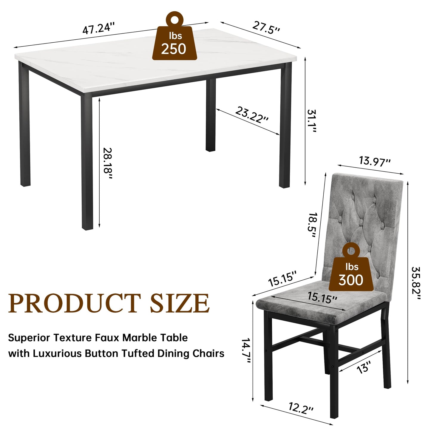 Hooseng Dining Table Set for 4, Faux Marble Small Kitchen Table Chairs Set of 4 with Luxurious Button Tufted Dinner Chairs for Kitchen and Dining
