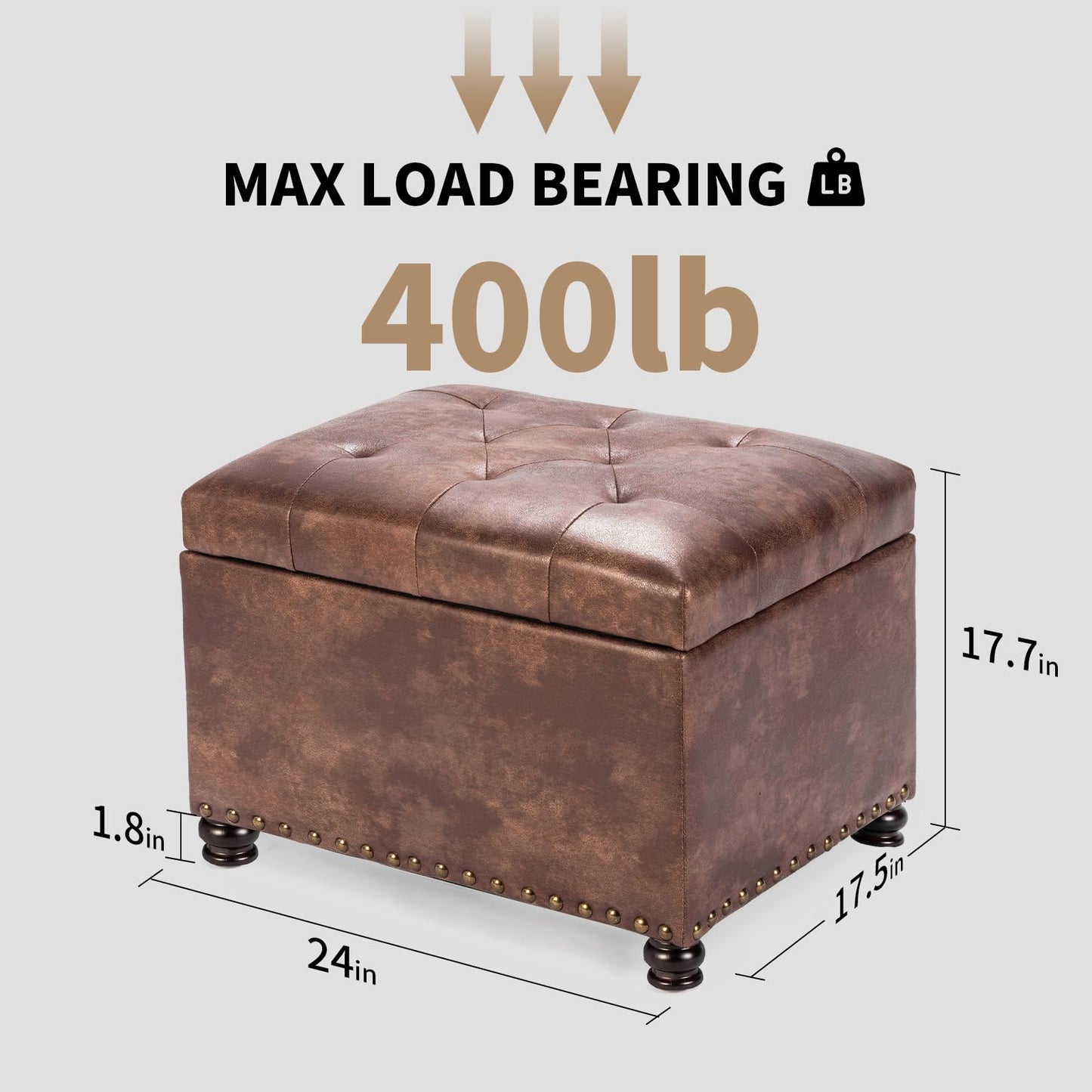 Joveco Leather Storage Ottoman, 24" Rectangle Tufted Square Upholstered Bench, Foot Rest Stool with Wood Legs, Footstool for Living Room Bedroom, Coffee