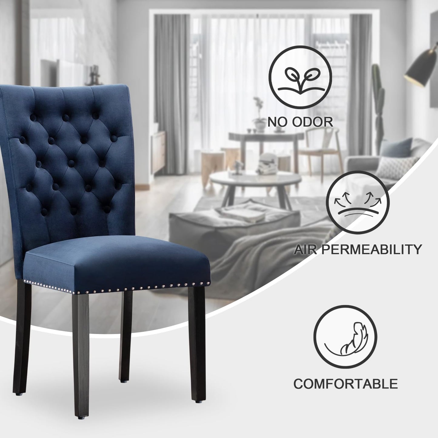 adochr Velvet Dining Chair Set of 2, Parsons Upholstered Dining Room Chair, Wood Accent Chair with Nailed Trim, Blue