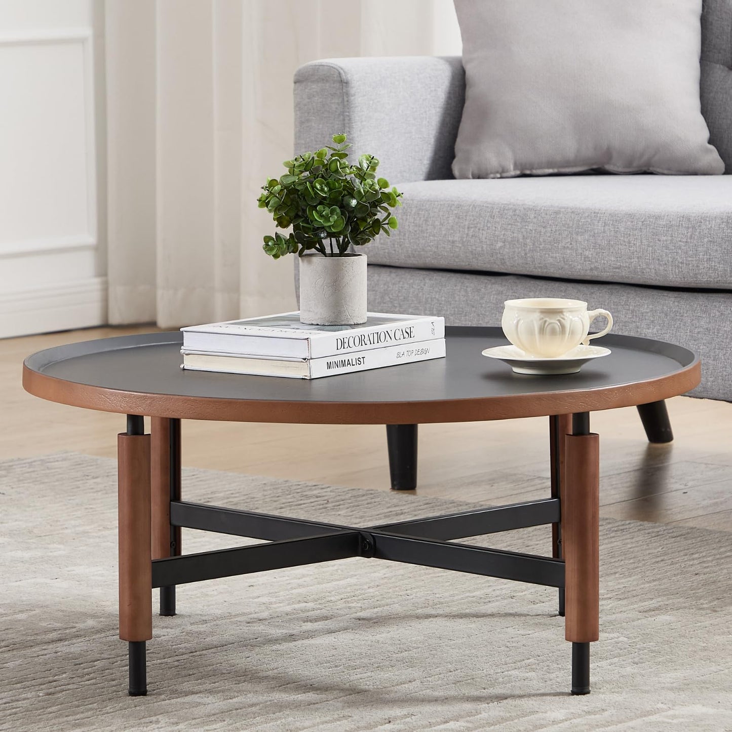 DUOMAY Modern Round Wood Coffee Table, 31.25'' Wide Center Table with X-Shaped Metal Base, Round Tubular Iron Legs Covered with Rubber Wood for Living Room, Lounge, Office, Apartment, Black