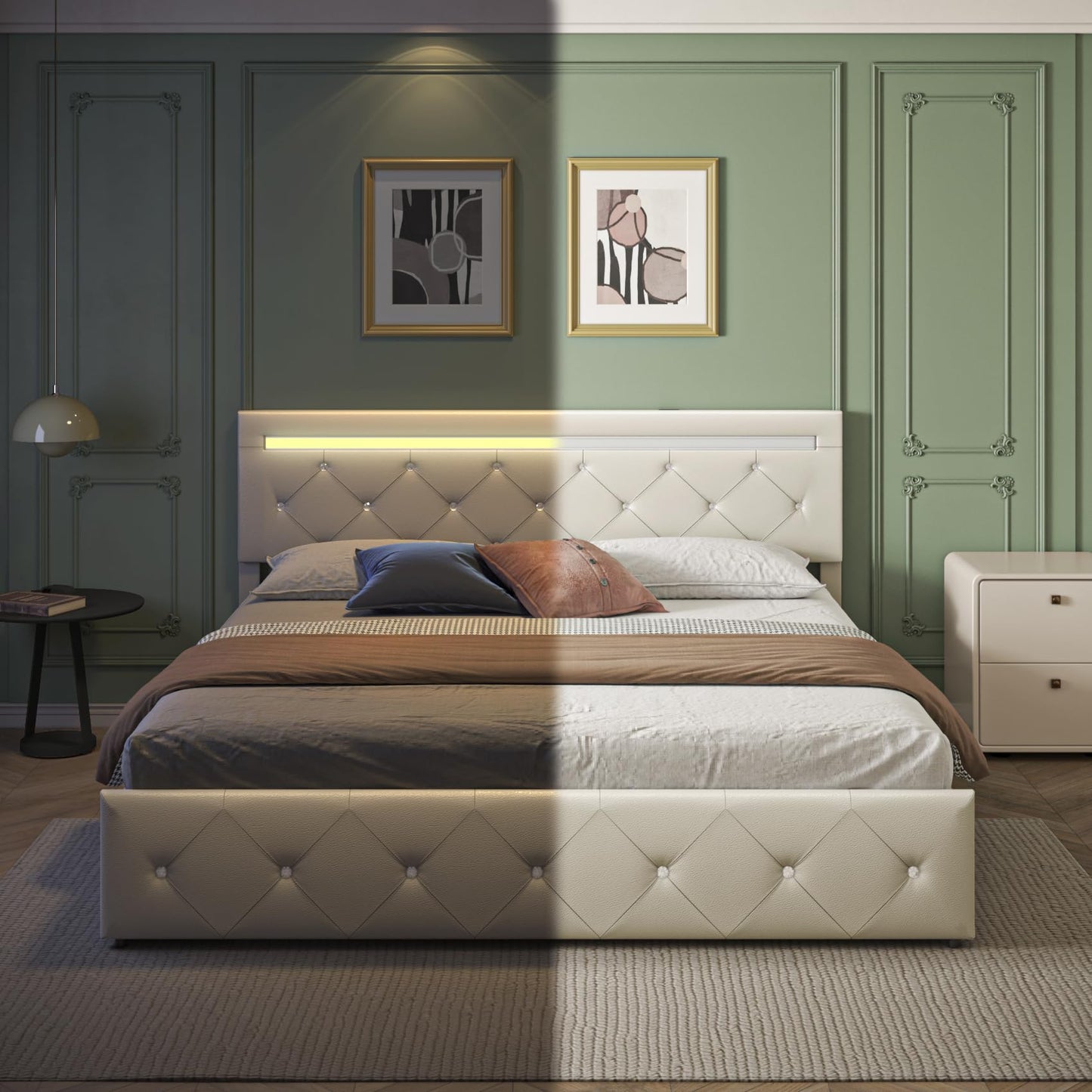 Forrise Bed Frame Queen Size with Storage Drawers and LED Light, 2 Sockets and 2 USB Ports, Adjustable Headboard with PU Leather Upholstered, No Box Spring Needed, Wooden Slats Support, White.
