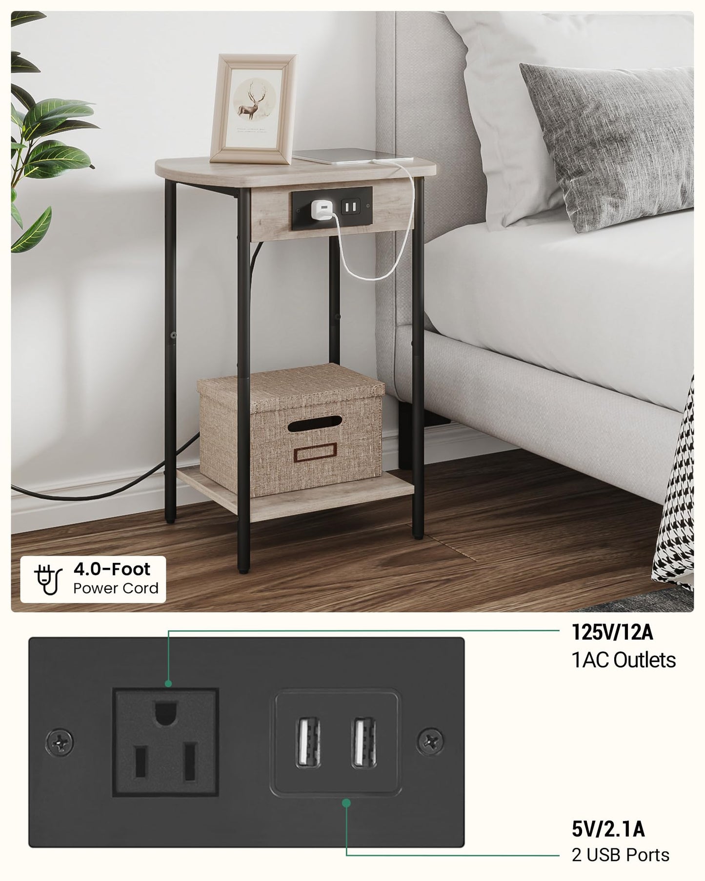 Hzuaneri End Tables with Charging Station, Narrow Side Tables Living Room, Nightstands Set of 2, Storage Bed Side Tables with USB Port & Outlet, Greige and Black ET14205B