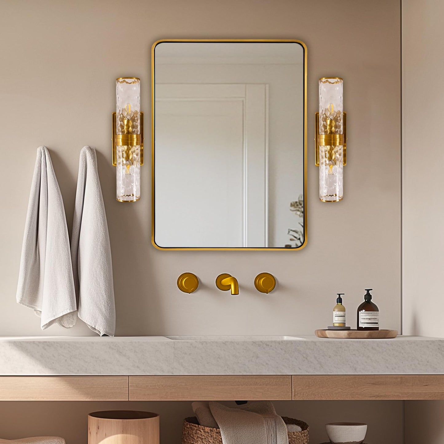 ANDY STAR Gold Bathroom Mirror for Wall, 30x36’’ Brushed Gold Mirror, Rounded Rectangle Mirror for Vanity in SUS304-Anti-Rust, Wall-Mounted Horizontal/Vertical 1’’ Deep