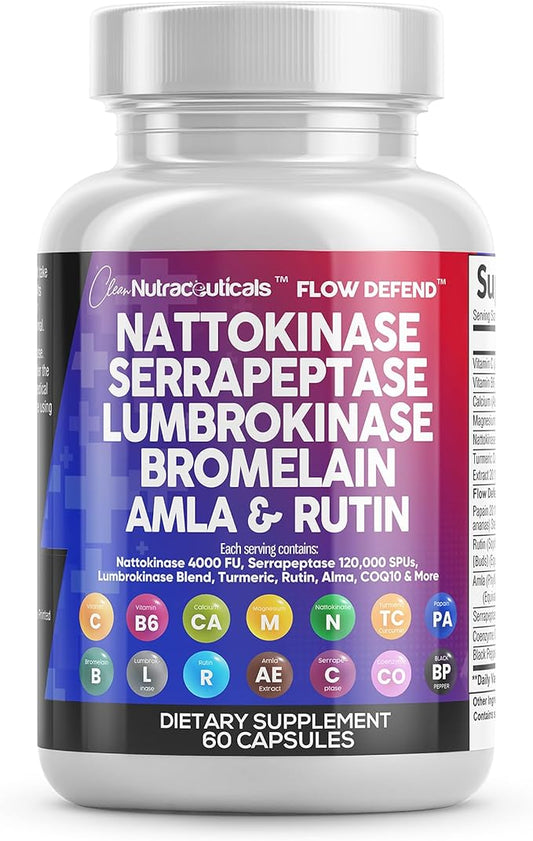 Clean Nutraceuticals Nattokinase 4000 FU Serrapeptase 120000 SPU Lumbrokinase Enzyme Supplement with Bromelain Papain Papaya Enzymes Rutin Extract Amla Magnesium Vitamin B6 & VIT C Capsules