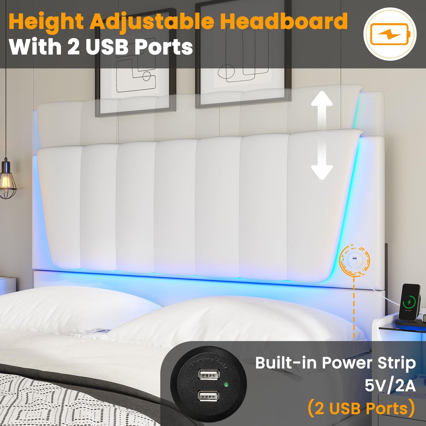 AOGLLATI Queen Bed Frame with Headboard and 4 Storage Drawers, White Platform Bed Frame Queen Size with Led Light & 2 USB Ports, Queen Size Bed Frame with Wooden Slats Support, No Box Spring Needed