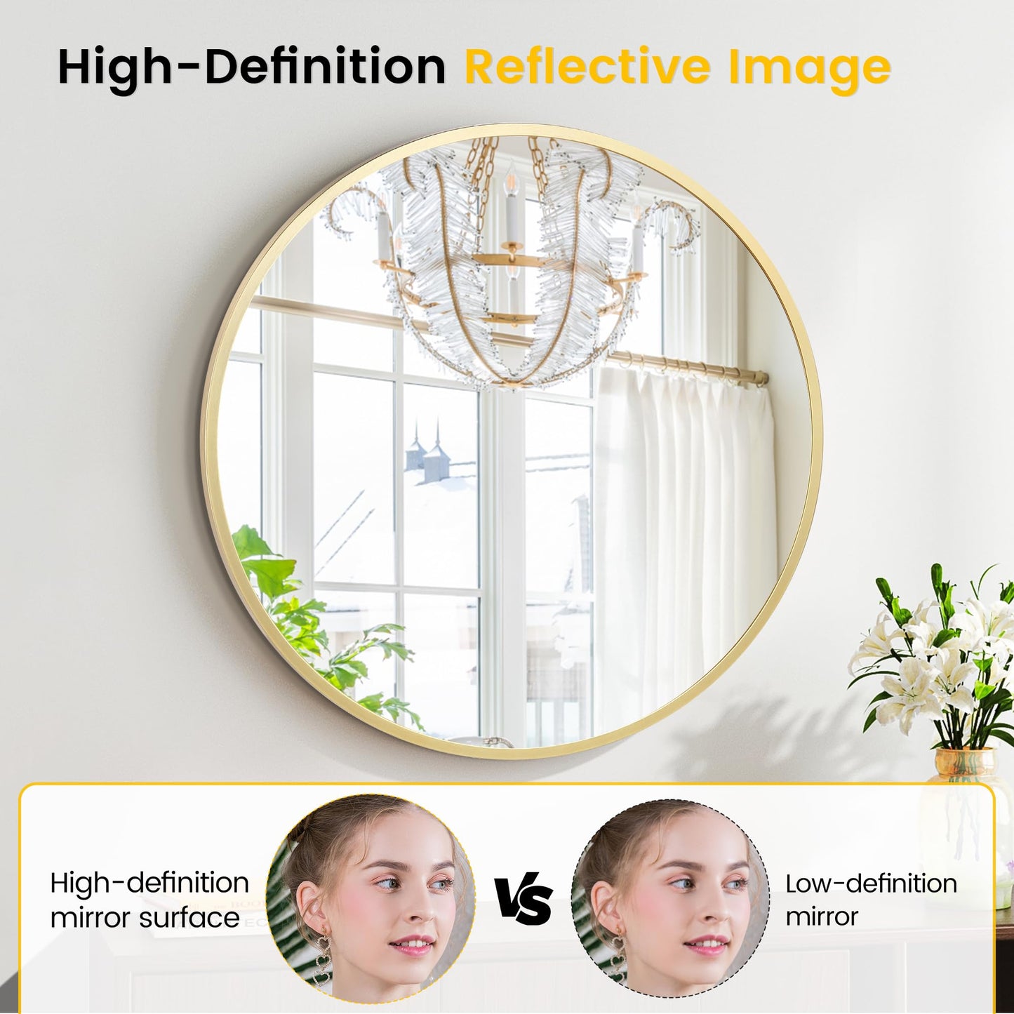 GarveeHome Large Round Mirror for Wall, 36 Inch Large Aluminum Alloy Frame Circle Mirror, High Definition Eco-Friendly Gold Round Bathroom Mirror for Over Sink, Wall Mirror for Entryway, Bathroom