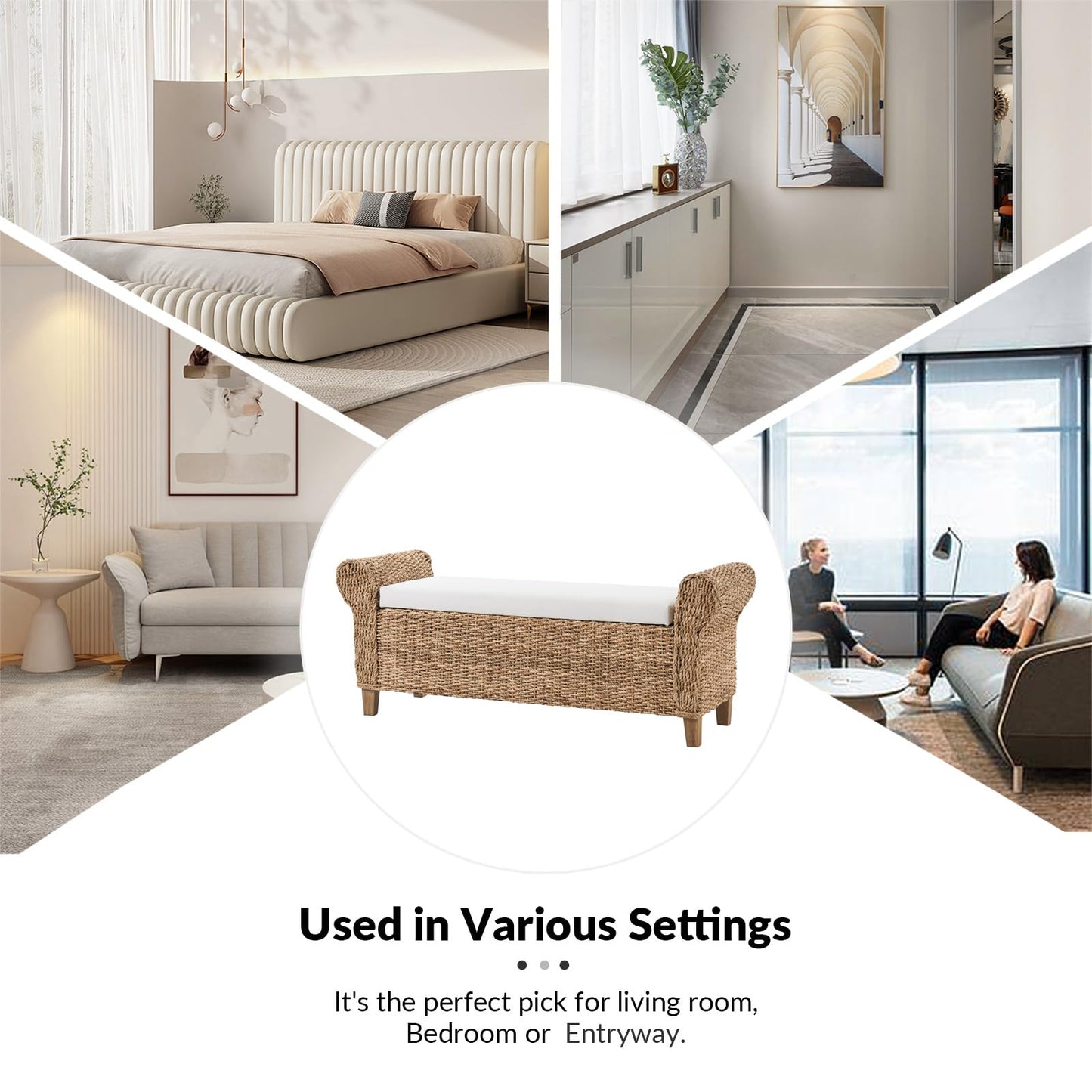 HULALA HOME Rattan Storage Bench, Rattan Upholstered End of Bed Bench with Roll Arm & Solid Wood Legs, Natural