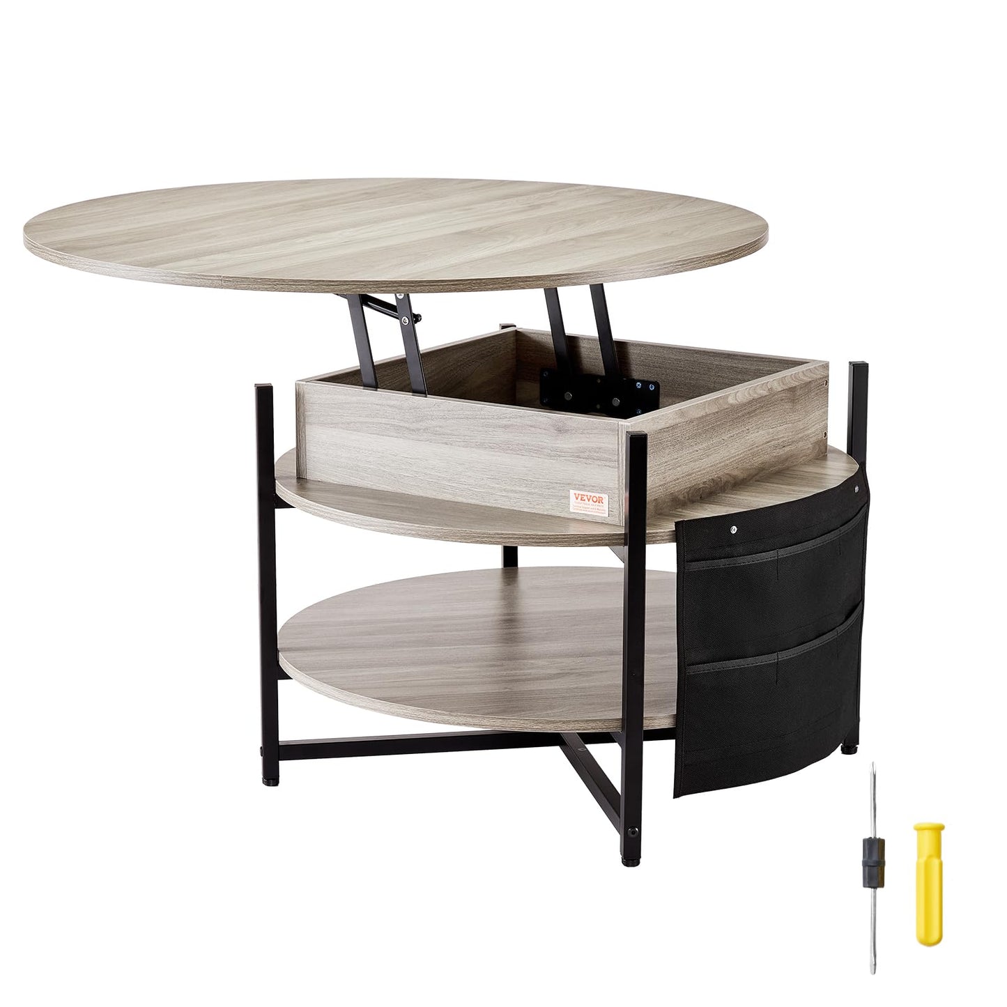 VEVOR Round Lift Top Coffee Table with LED Light, 35.43" Circle Coffee Table with Storage and Hidden Compartment, Farmhouse 2 Tier Large Dining Table for Living Room Reception Room, Wood, Gray
