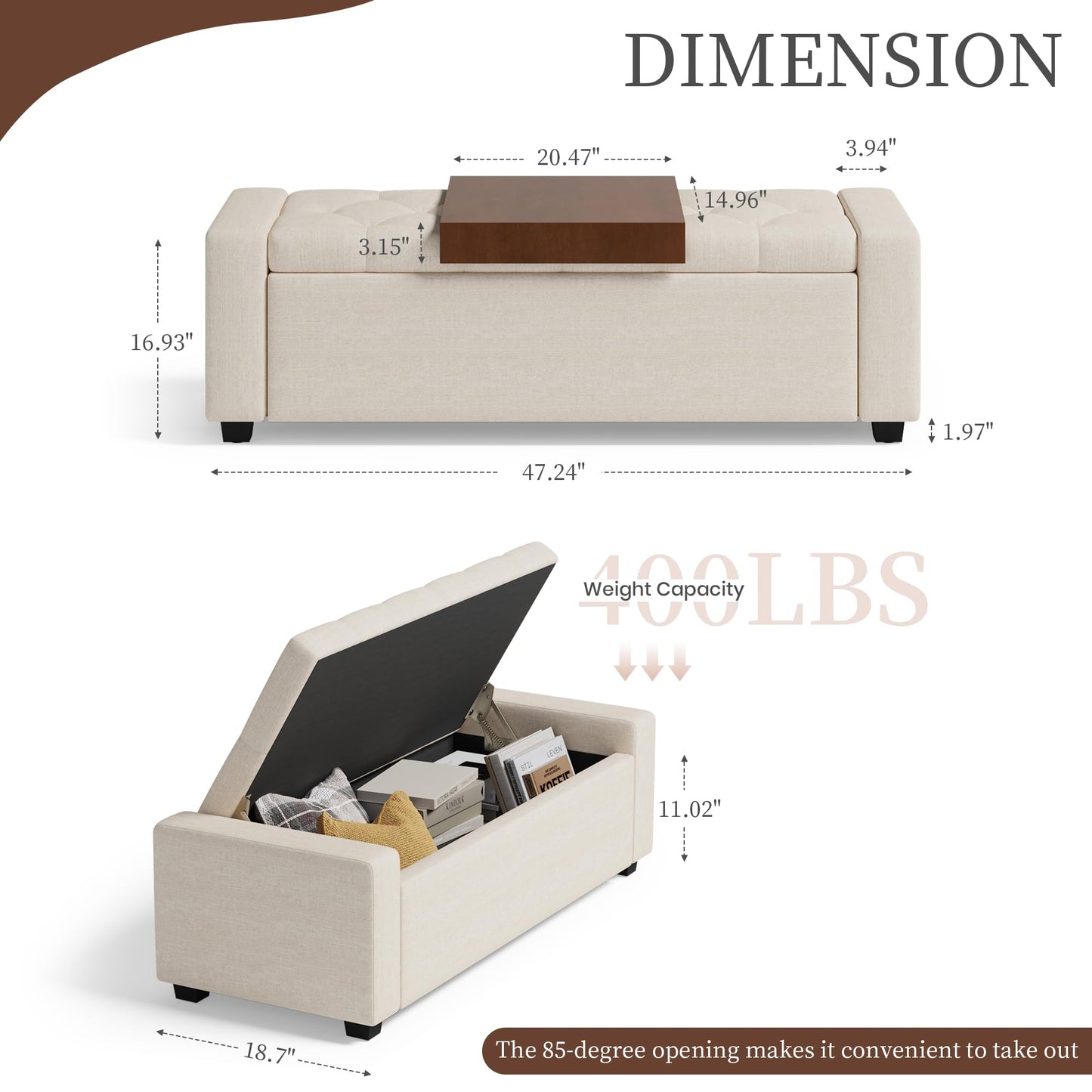 Atrtivoent 47" Ottoman Bench, Living Room Storage Bench with Removable Tray, Upholstered Entryway Bench, Ottoman Bench Seat with Storage for Living Room Bedroom (Beige1, with Tray)