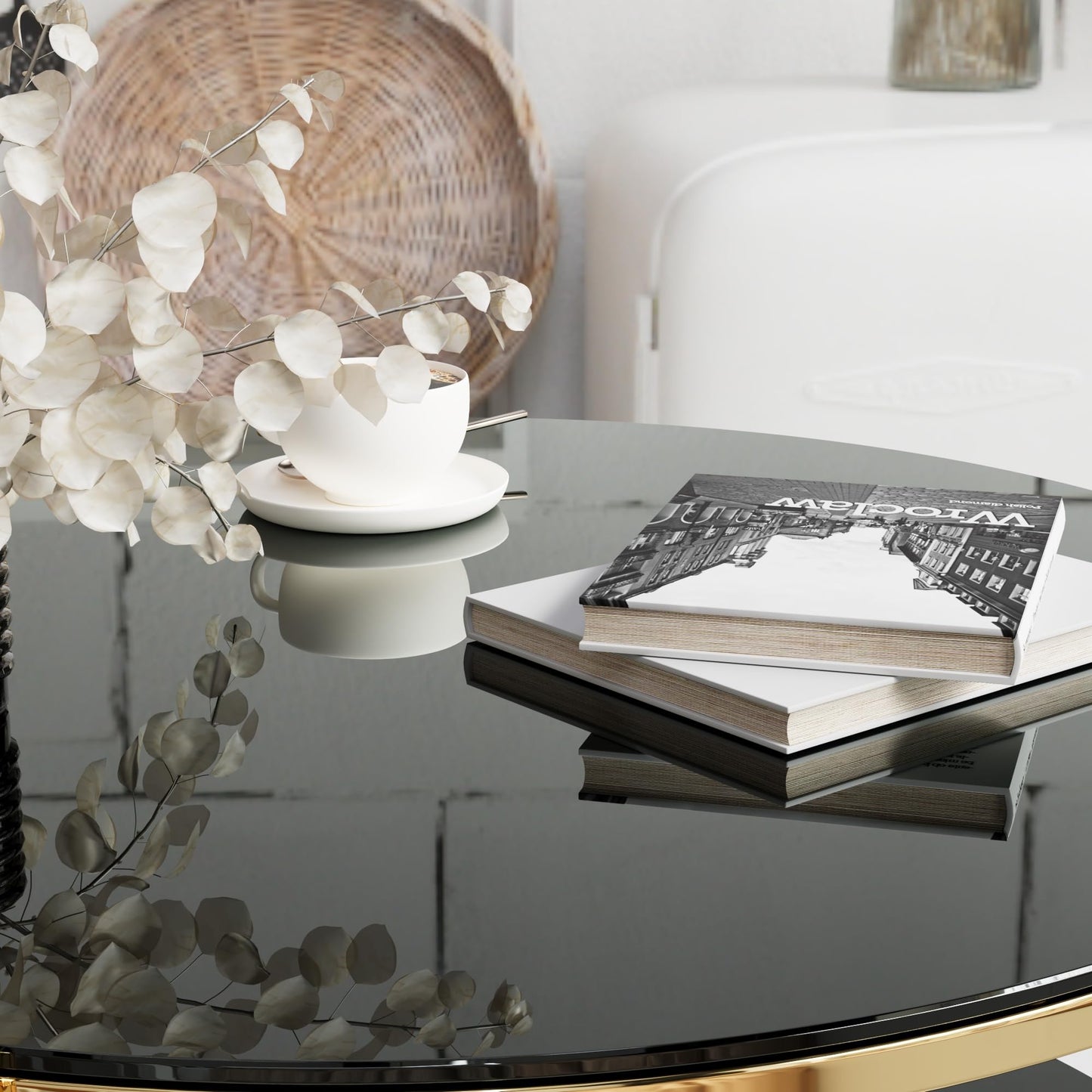 KUVADAZ Round Coffee Table with Gold Stainless Steel Base, 2-Tier Black Glass Coffee Table Center Table, Modern Coffee Table Circular Living Room Table Cocktail Tables, Circle Center Tables