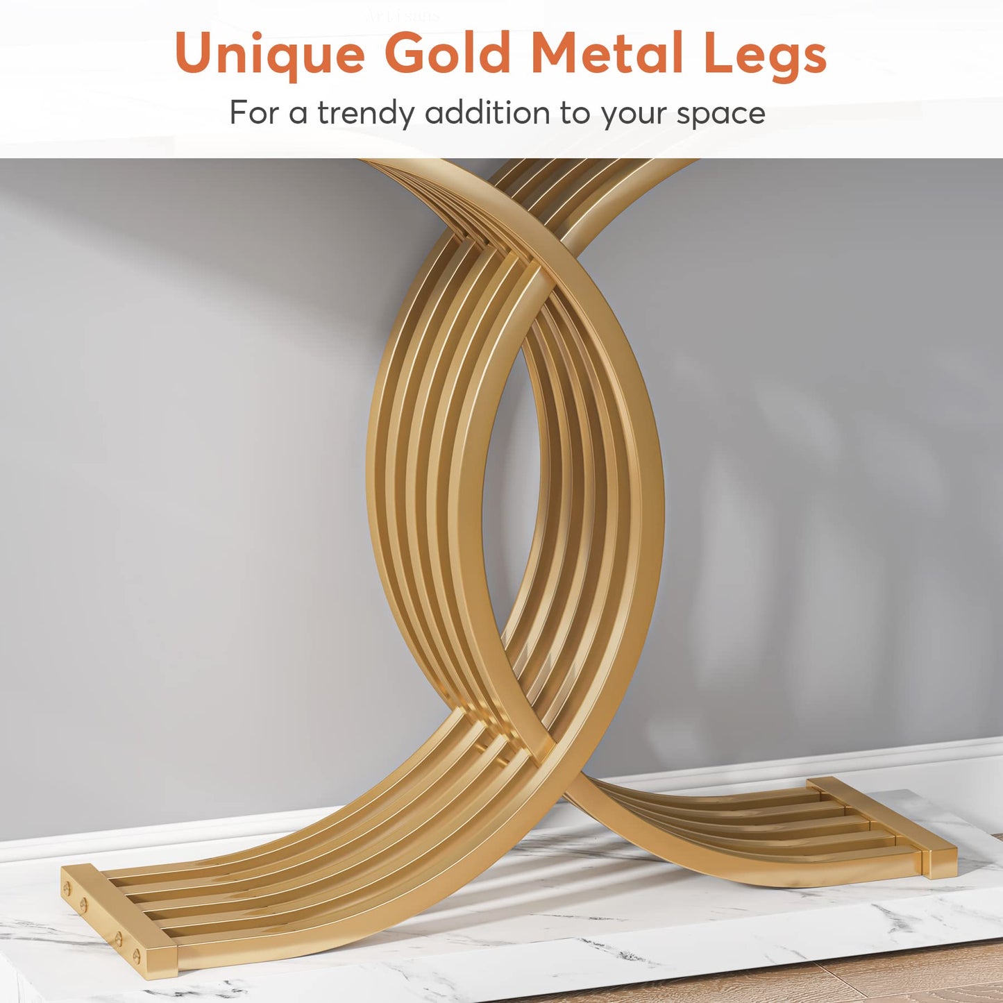 Gold Entryway Table, Modern 39" Console Table with Geometric Metal Legs, Faux Marble Narrow Wooden Sofa Table, Foyer Hallway Tabl for Entrance, Living Room (Gold & White)