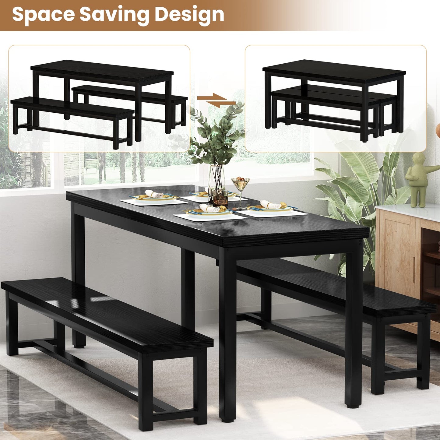 AWQM Dining Room Table Set, Kitchen Set with 2 Benches, Ideal for Home, and Room, Breakfast of 43.3x23.6x28.5 inches, Benches 38.5x11.8x17.5 Black