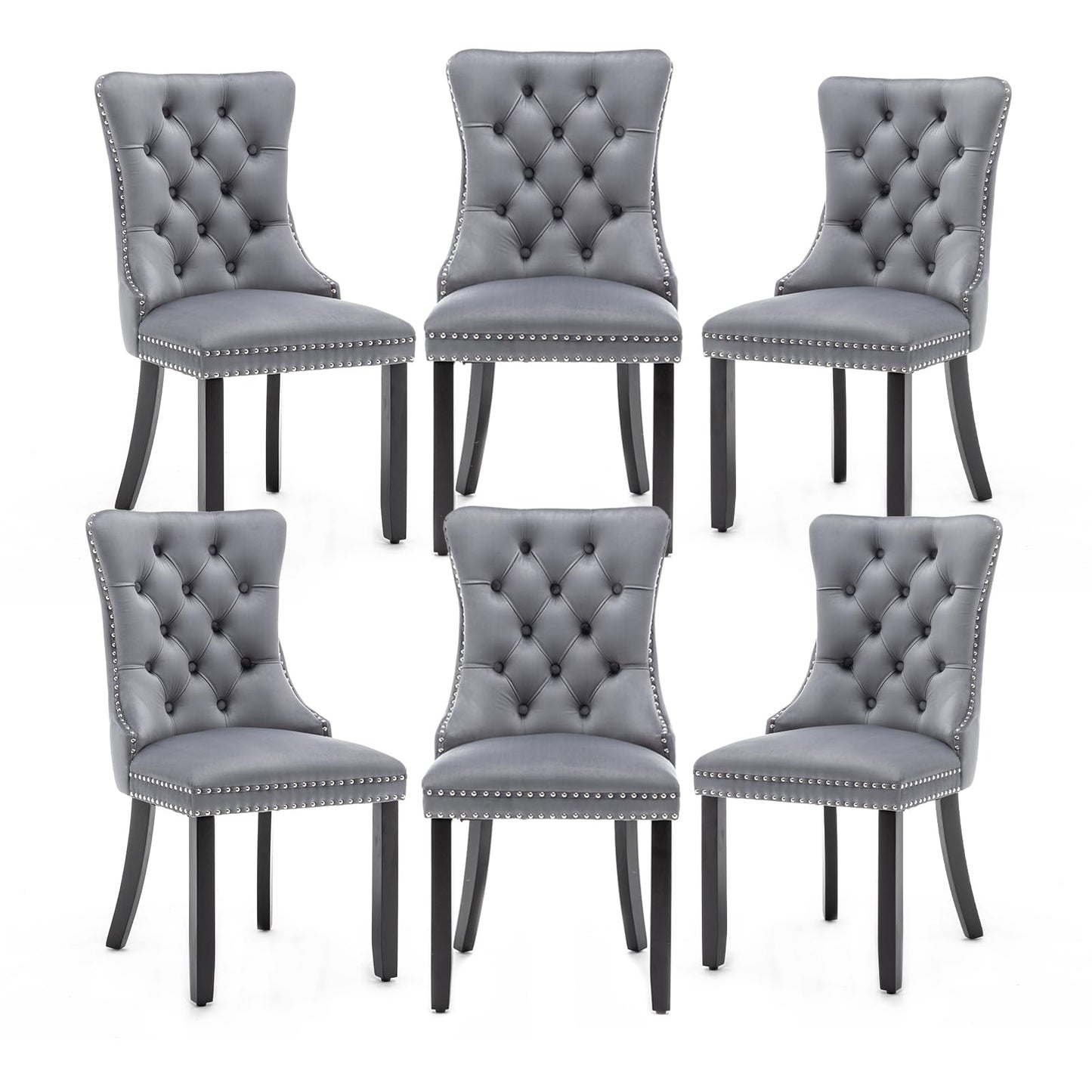Hixkol Velvet Dining Chairs Set of 6,Upholstered Dining Chairs with Ring Pull Trim and Button Back,Modern Seating for Kitchen, Bedroom & Living Room(Grey)