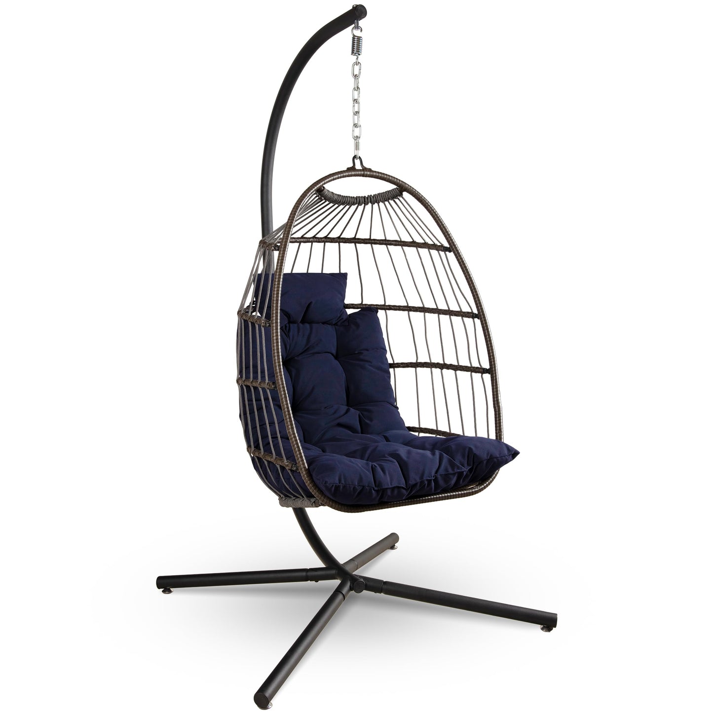 SereneLife Foldable Rattan Wicker Egg Chair Hanging Swing with Stand Waterproof Cushion and Headrest for Indoor Living Room Bedroom Patio Porch Balcony Garden Outdoor Use Deep Blue 350 lb Capacity