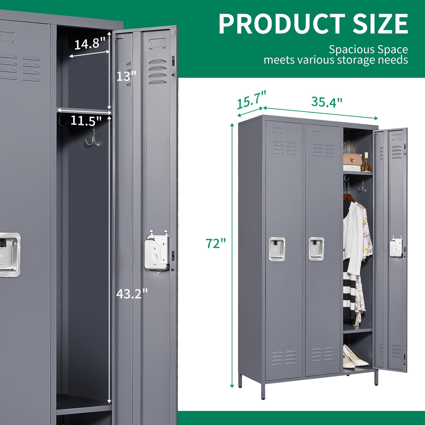 IKIMI Metal Locker 3 Doors Storage Lockers for Employee,72" Tall Locker with Shelves and Hooks Steel Sports Locker for Office School Office Gym Home Garage
