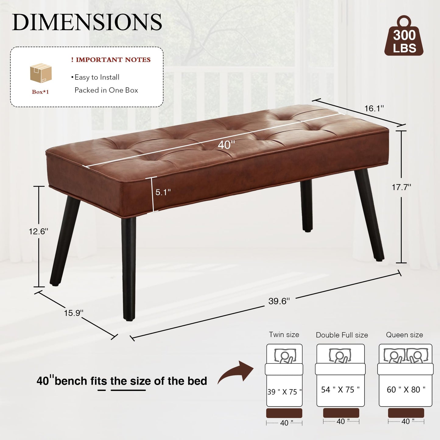 LOULENS 40'' PU Leather Tufted Ottoman Bench, Modern Upholstered End of Bed Bench, Waterproof Leather Entryway Bench with Wood Legs, Accent Footrest for Living Room, Brown