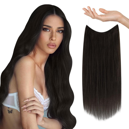 Sunny Wire Hair Extensions Real Human Hair Fish Line Human Hair Extensions Invisible Wire Extensions Darkest Brown #2 12 Inch