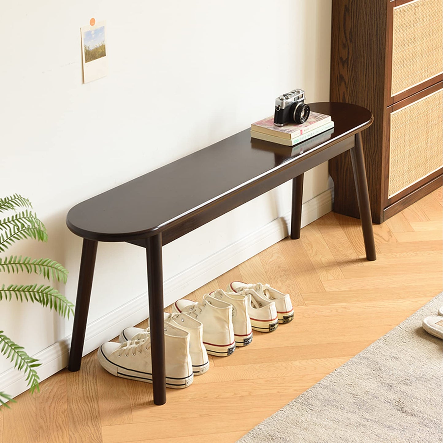 Cttasty Entryway Bench, Solid Wood Dining Bench, Midcentury End of Bed Bench w/Rounded Corner, Outdoor Bench w/Robust Construction, Bedroom Bench, 10.24" W x 17.72" H（Walnut 39.4inches）