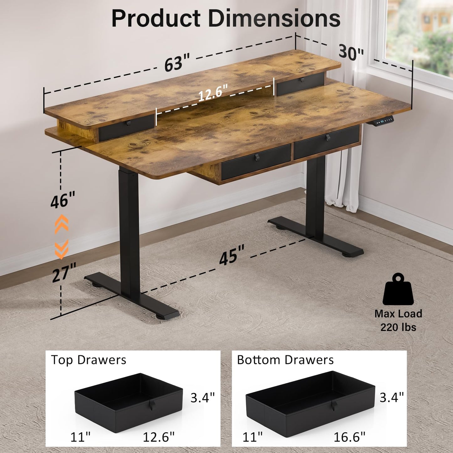 Electric Standing Desk with Drawers & USB Charging Port, 63''x 30''Adjustable Height Sit Stand Up Widened Desktop Desk, Computer Office Desks with Storage for Home Workstation, 3 Memory Height Preset
