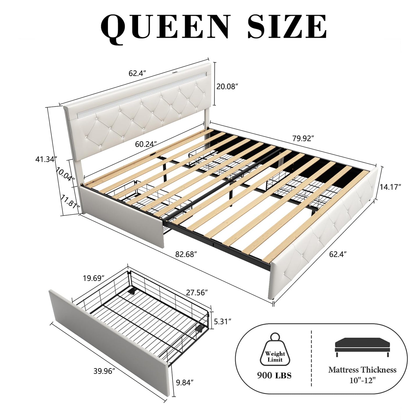 Forrise Bed Frame Queen Size with Storage Drawers and LED Light, 2 Sockets and 2 USB Ports, Adjustable Headboard with PU Leather Upholstered, No Box Spring Needed, Wooden Slats Support, White.