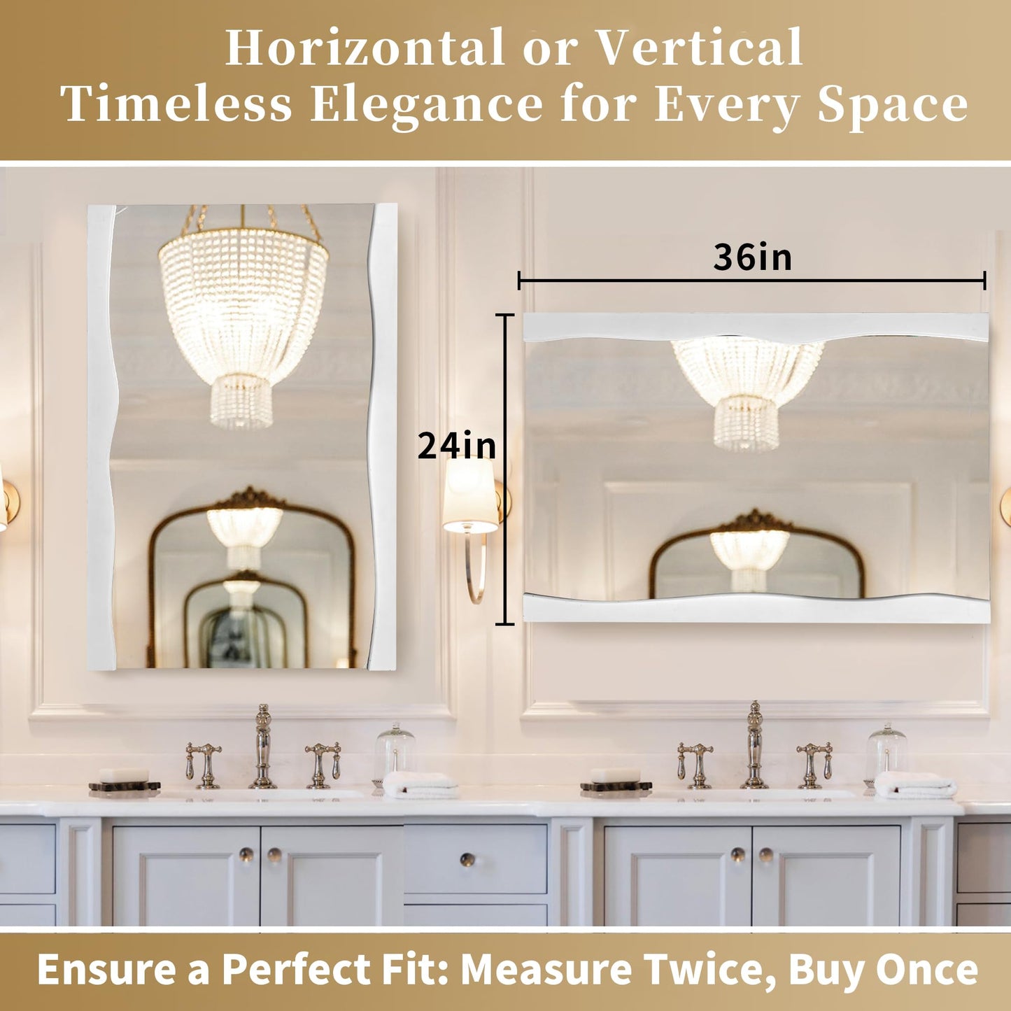 Tanmicoshomy White Bathroom Mirror 24x36 Inch, Asymmetrical Live Edge Wood Framed Rectangle Wall Mirrors for Bathroom, Bedroom or Living Room, Vertical or Horizontal Hanging