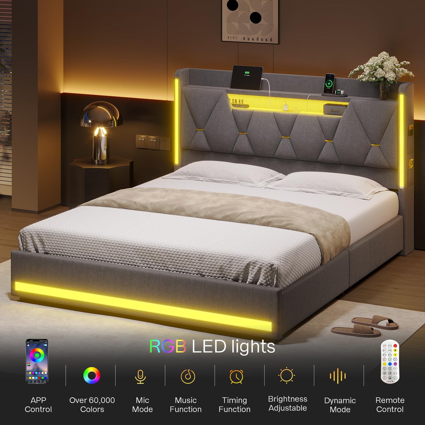 Queen Bed Frame with 4 Drawers, Platform Bed Frame Queen Size with Storage Headboard&LED Lights, Queen Bed with Storage & Charging Station, Noise-Free, No Box Spring Needed, Easy Assembly, Gray