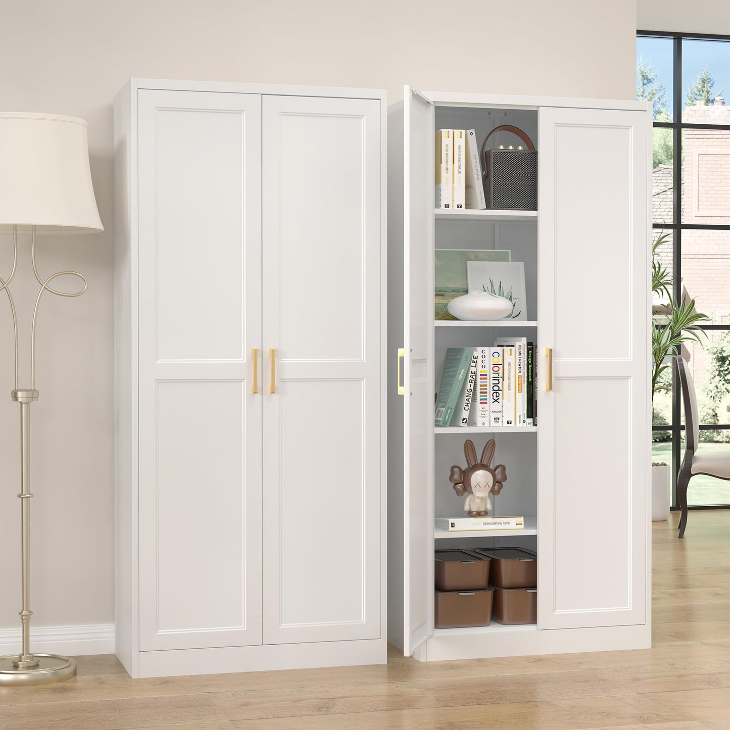 Kitchen Pantry Cabinet,71”White Metal Pantry Storage Cabinet with Doors and 4 Adjustable Shelves,Kitchen Cabinet with 2 Gold Handles,Tall Cabinet for Livingroom,Pantry, Bathroom,Kitchen