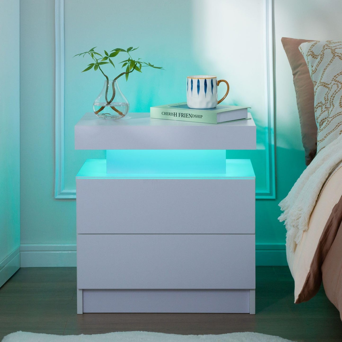 i-aplus Nightstand Set of 2 LED Nightstand with 2 Drawers,Night Stand Set 2 with LED Light,Bedside Table with Drawers for Bedroom,White