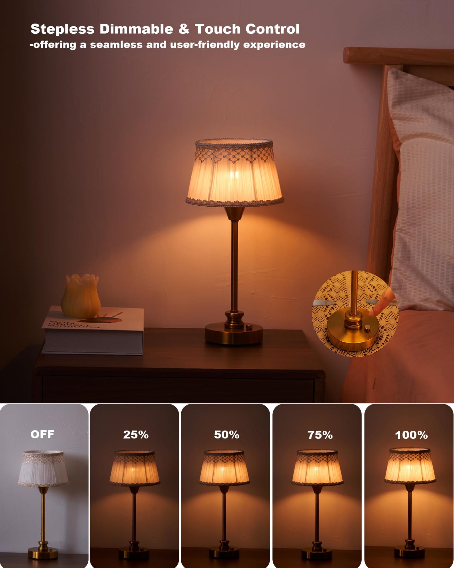 UMEXUS Cordless Table Lamp with Dimmer, Small Rechargeable Battery Operated Lamp Outdoor, Touch Warm Light Ambient Lighting for Restaurant Patio Dining Side End Table Kitchen, Antique Brass