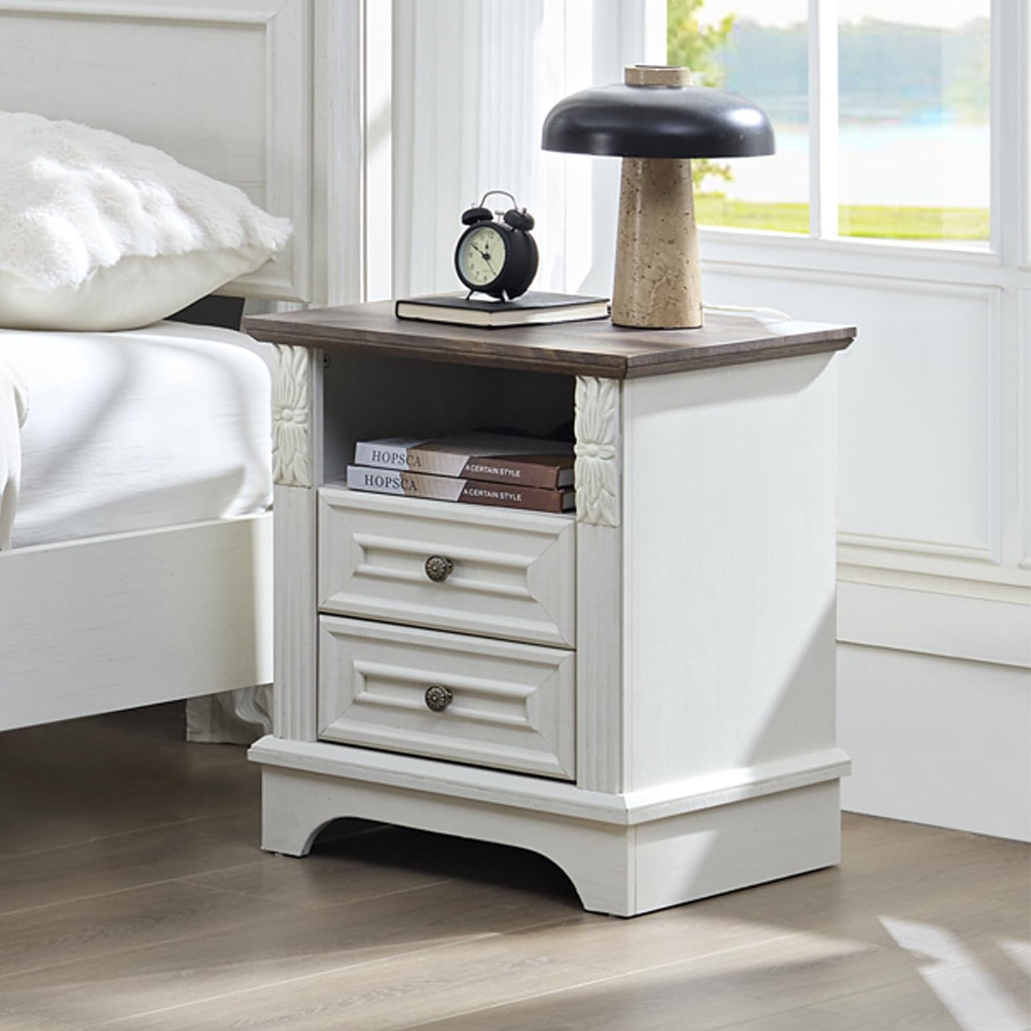 BLANKSPACE Nightstand with Charging Station, Farmhouse End Side Table, Smart LED Night Stand,Bedside Cabinet for Bedroom, Living Room (Antique White)