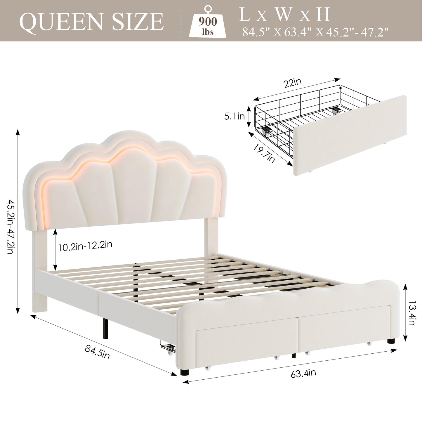 HOSTACK Queen Upholstered LED Bed Frame with Storage Drawers, Cute Girls Bed with Adjustable Lotus Headboard, Velvet Princess Platform Bed Frame, Wooden Slats Support, No Box Spring Needed, Cream