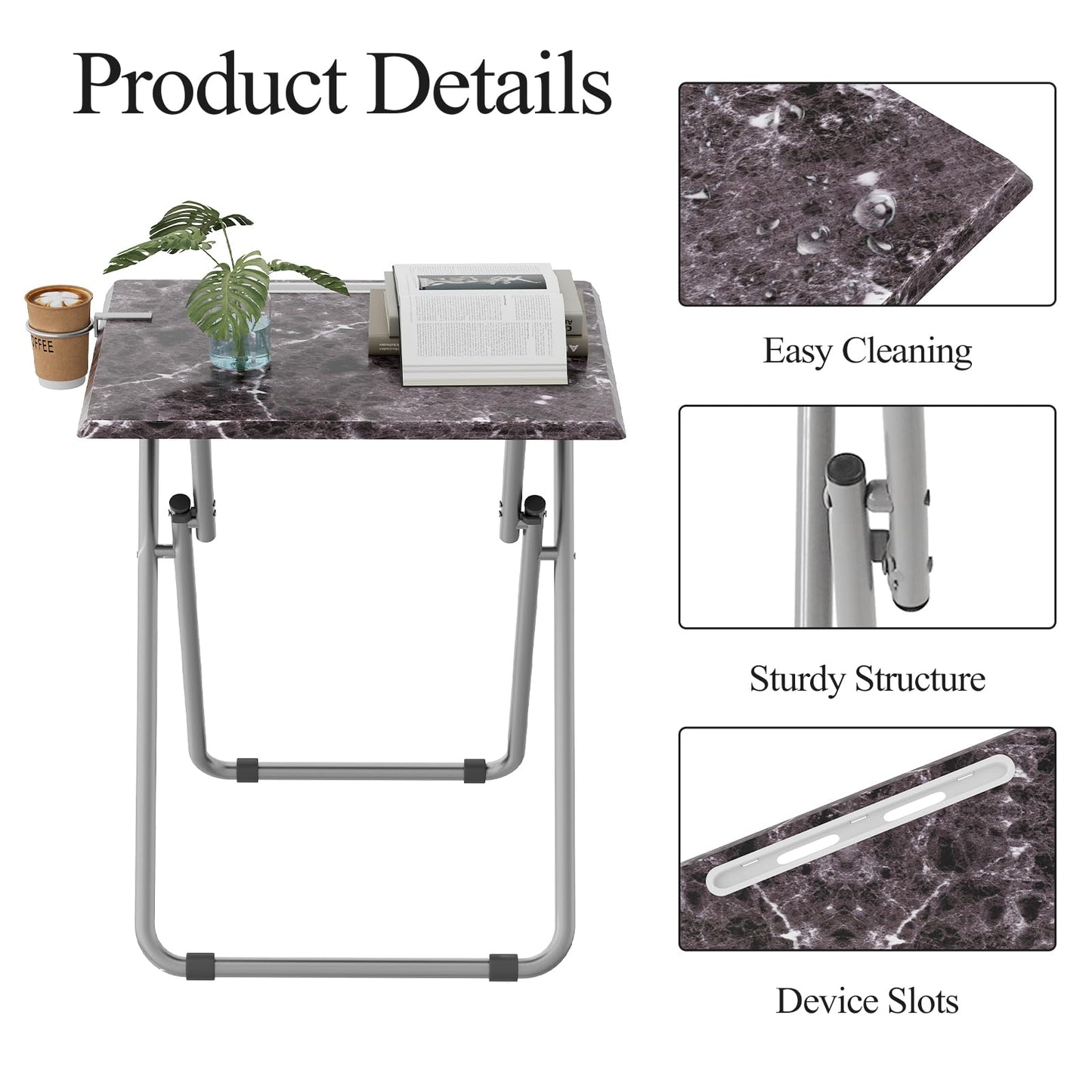 Fleecy day Folding TV Tray Table with Cup Holder, TV Dinner Table with Sturdy MDF Top, Eating Trays with Tablet Slot for Living Room, Bedroom, Sofa, 15 x 18.9 x 25.6 in (Black Marble, 2Pcs)