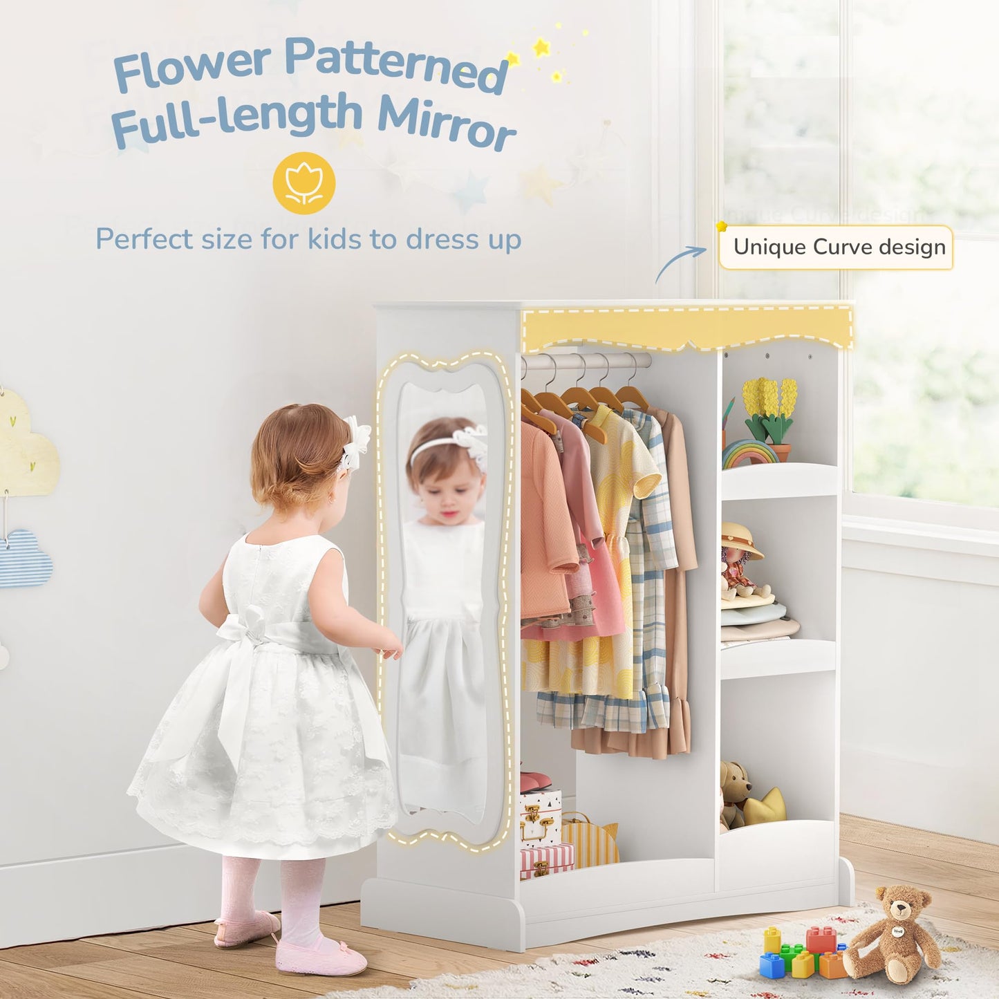 Curipeer Kids Dress Up Storage with Flower Mirror, Open Hanging Closet Wardrobe for Children, Kids Armoire & Costume Organizer for Bedroom Playroom Preschools Classroom, White