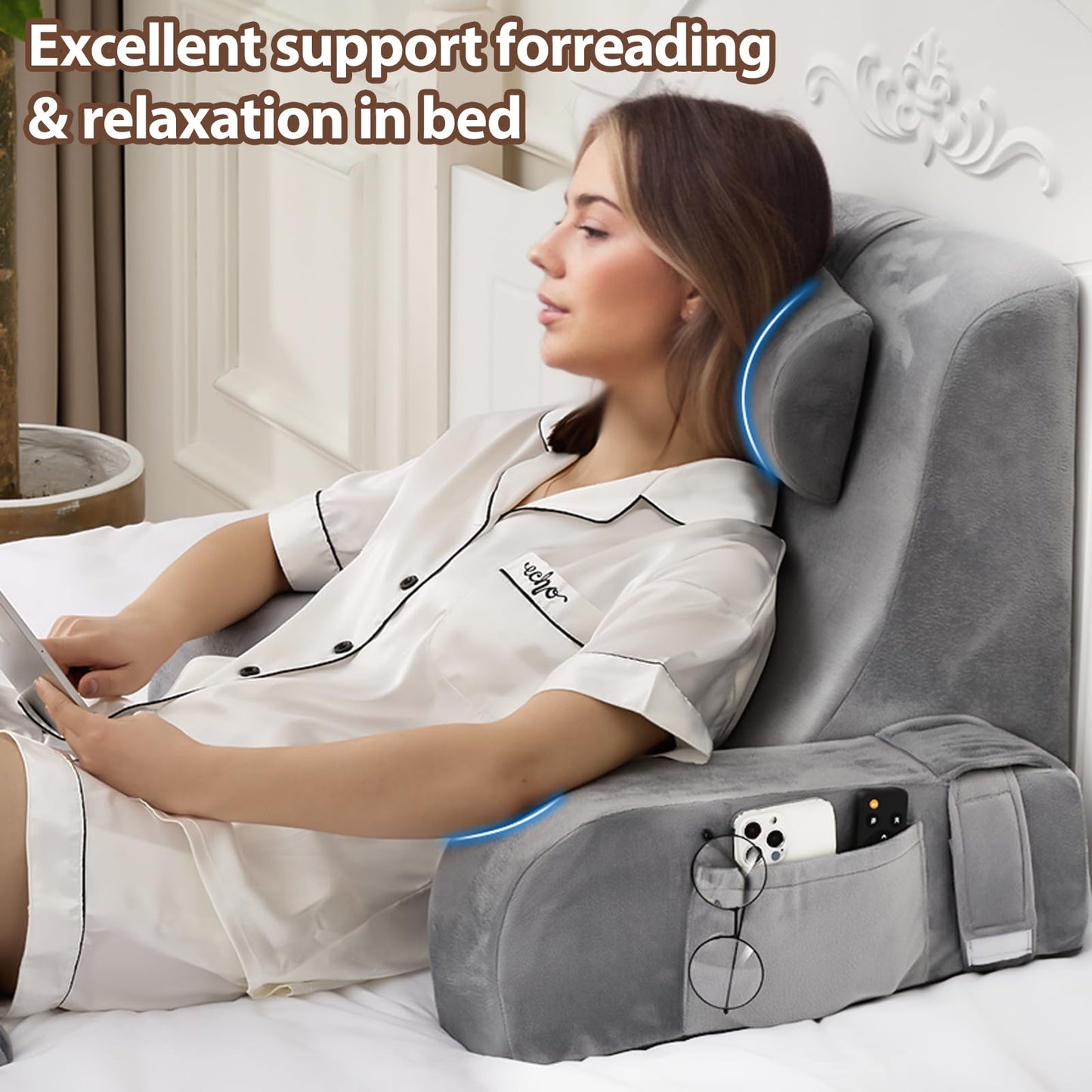 NIAOMAOGOU Reading Pillow for Sitting in Bed Adult, Back Pillow for Sitting Up in Bed with Arm Rest, Suitable for Gaming,Watching TV on Floor, 19in 4Pcs, Grey