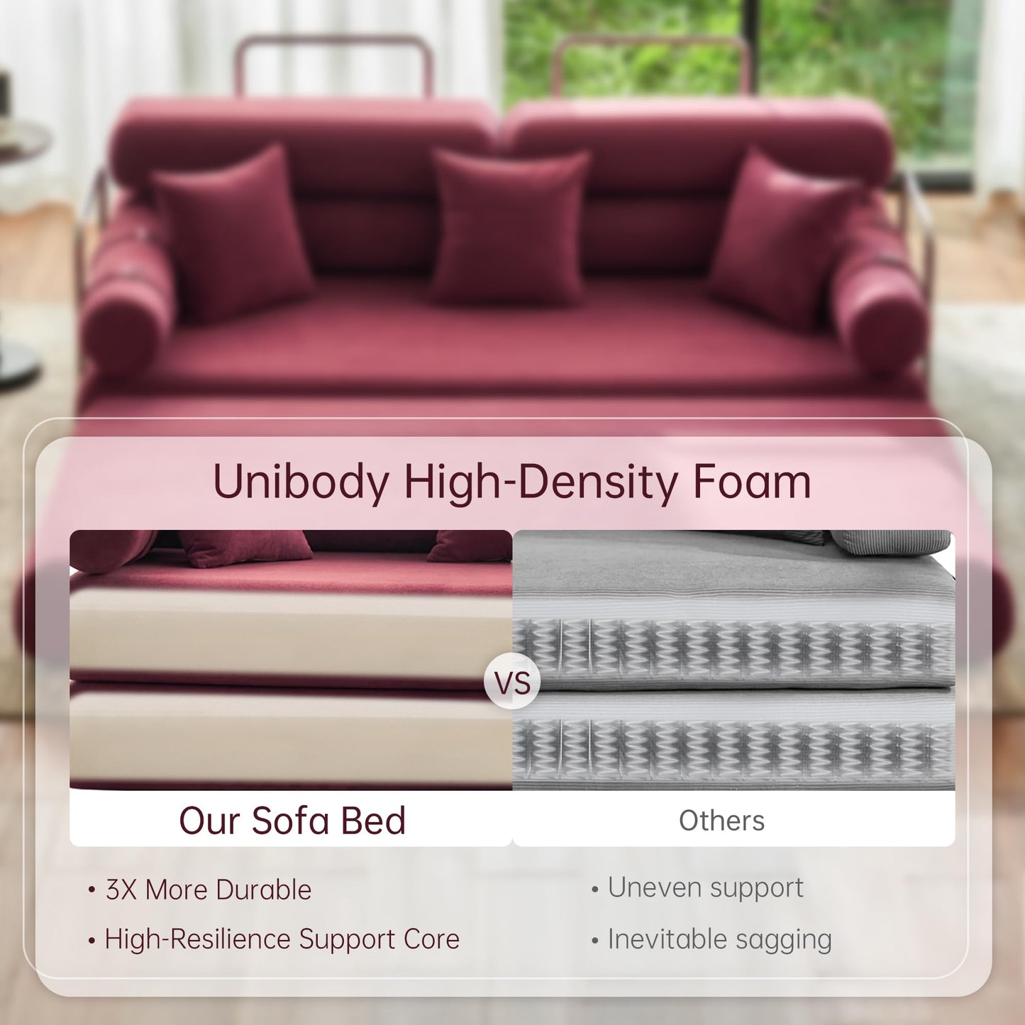 YINIX Convertible Sleeper Sofa - 35'' High-Back Floor Couch Bed - Folding Sofa Bed with Rounded Arm Supports - Floor Sofa Lounge Sofa Bed for Living Room Bedroom - Wine Red