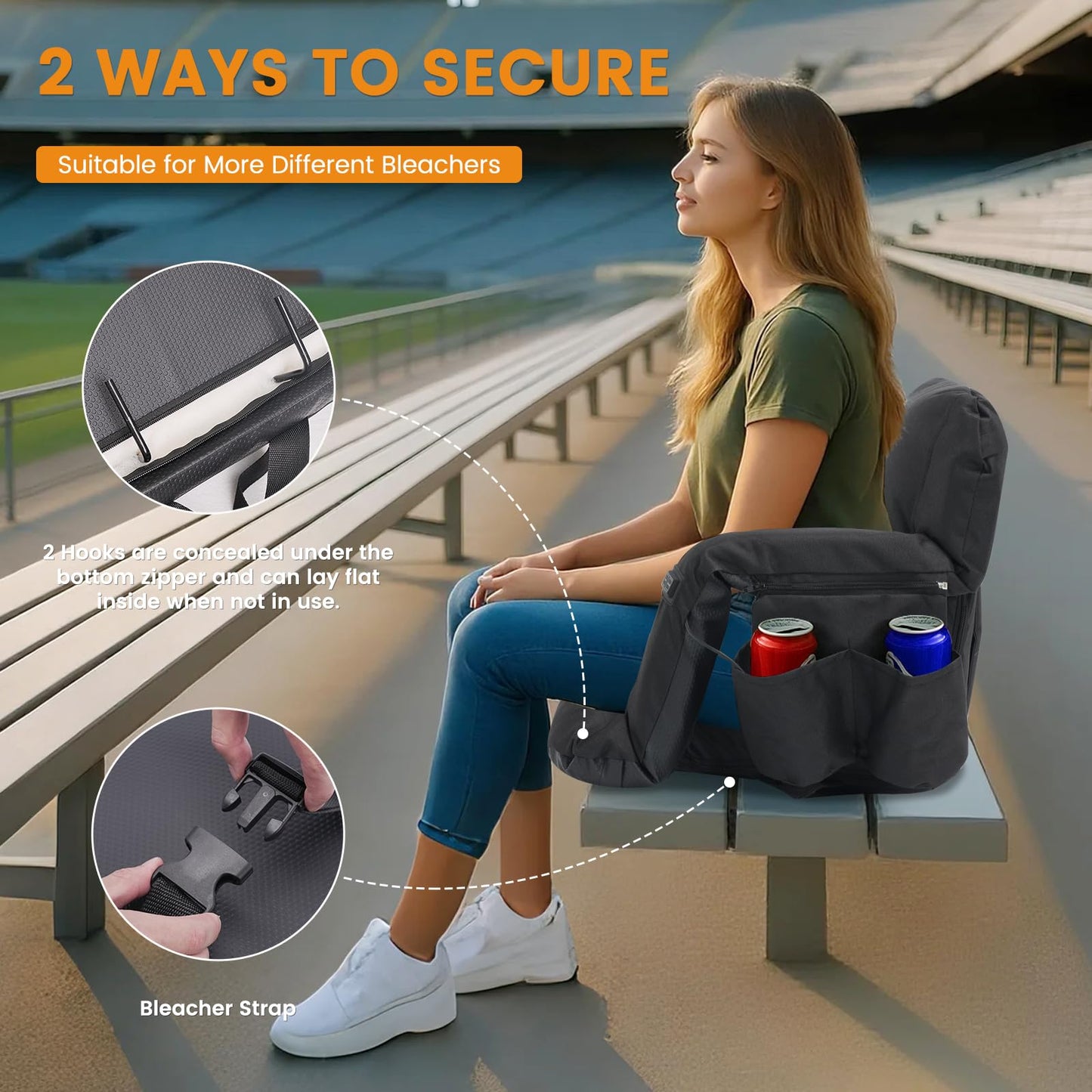 LILYPELLE Double Heated Stadium Seat Bleacher Seat with Back & Arm Support, Portable 6 Reclinng Positions Stadium Seating for Bleachers, Bleacher Seats for Sports Events, Outing, Travelling, Hiking