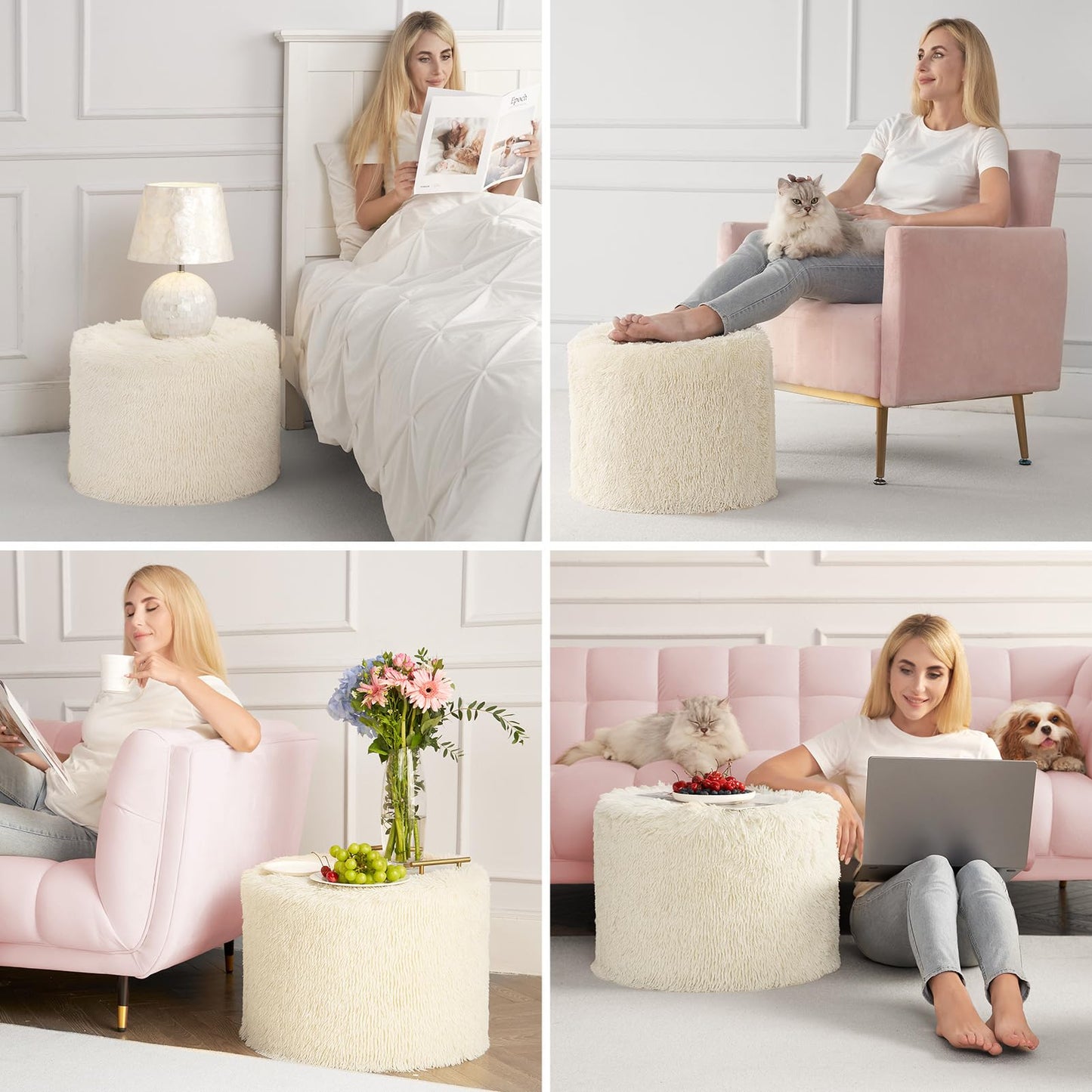 Hansleep Round Pouf Ottoman Foot Rest, 17 x 14 Small Faux Fur Stuffed Pouf for Chair, Foam Filled Foot Stools Ottomans for Living Room, Beige