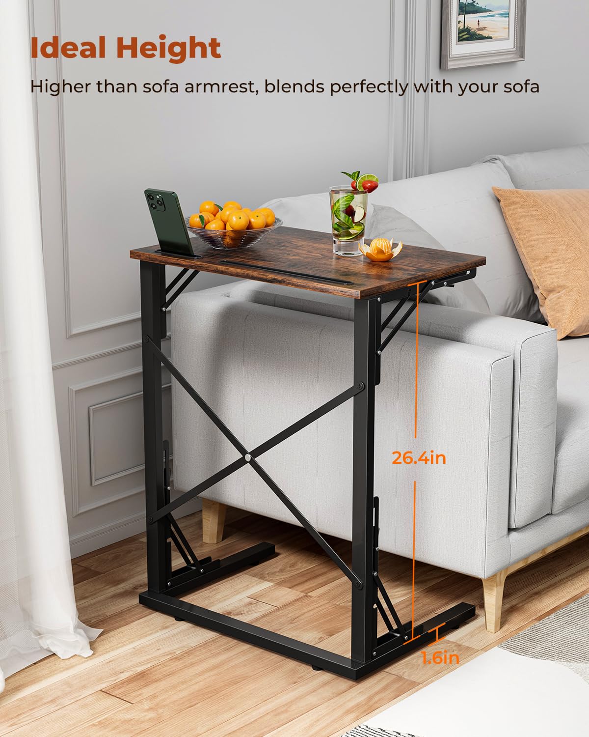 Evermagin 21''Wx28''H TV Tray Set of 2, Small Foldable C-Shaped End Table for Eating with Tablet and Phone Slots, Slide Under Couch Side Table for Recliner, Living Room, Bedroom, Rustic Brown