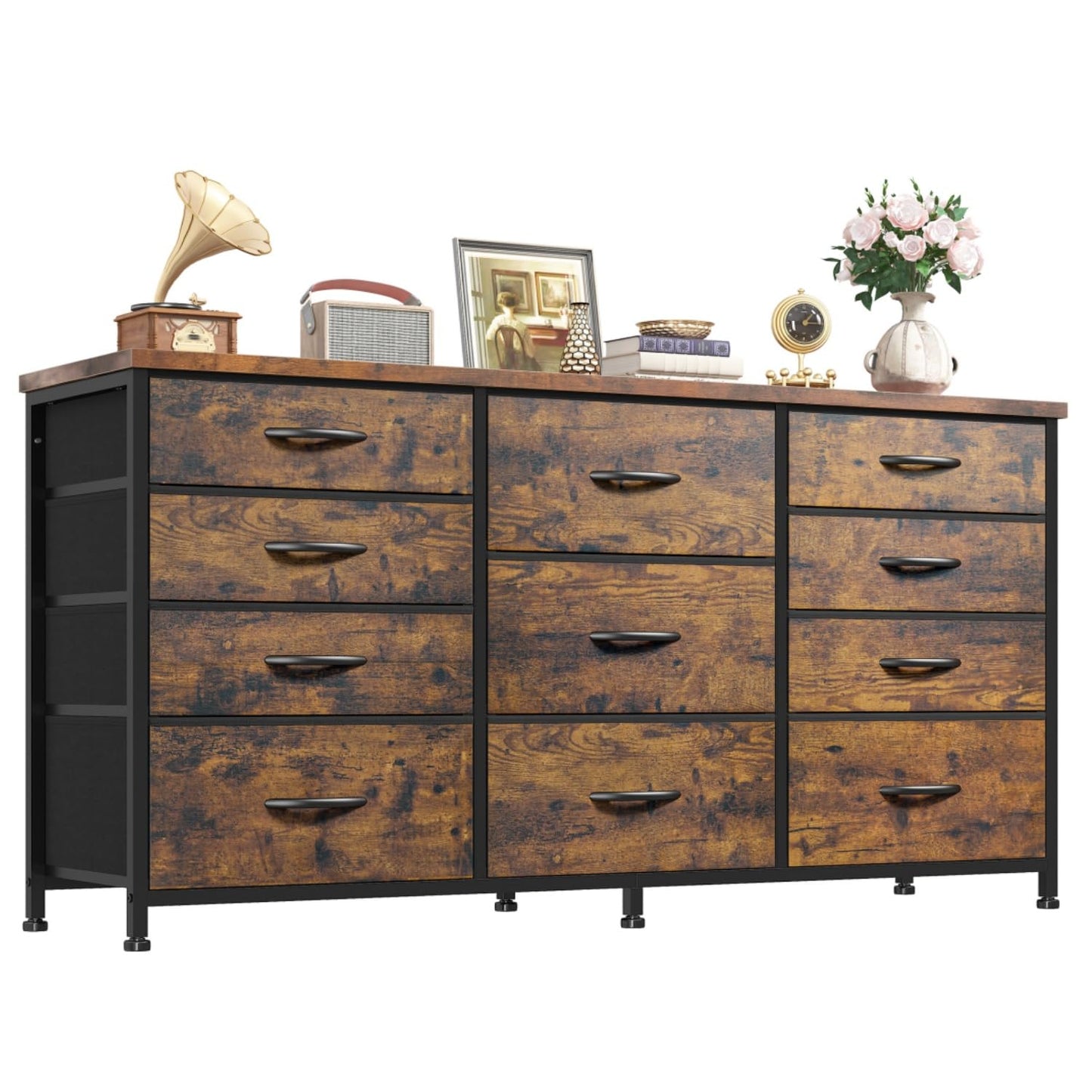 Romorgniz Dresser for Bedroom with 11 Fabric Drawers, Dresser TV Stand for 50, 55 Inch TV, Sturdy Storage Dressers & Chests of Drawers for Closet, Entryway (Rustic Brown)