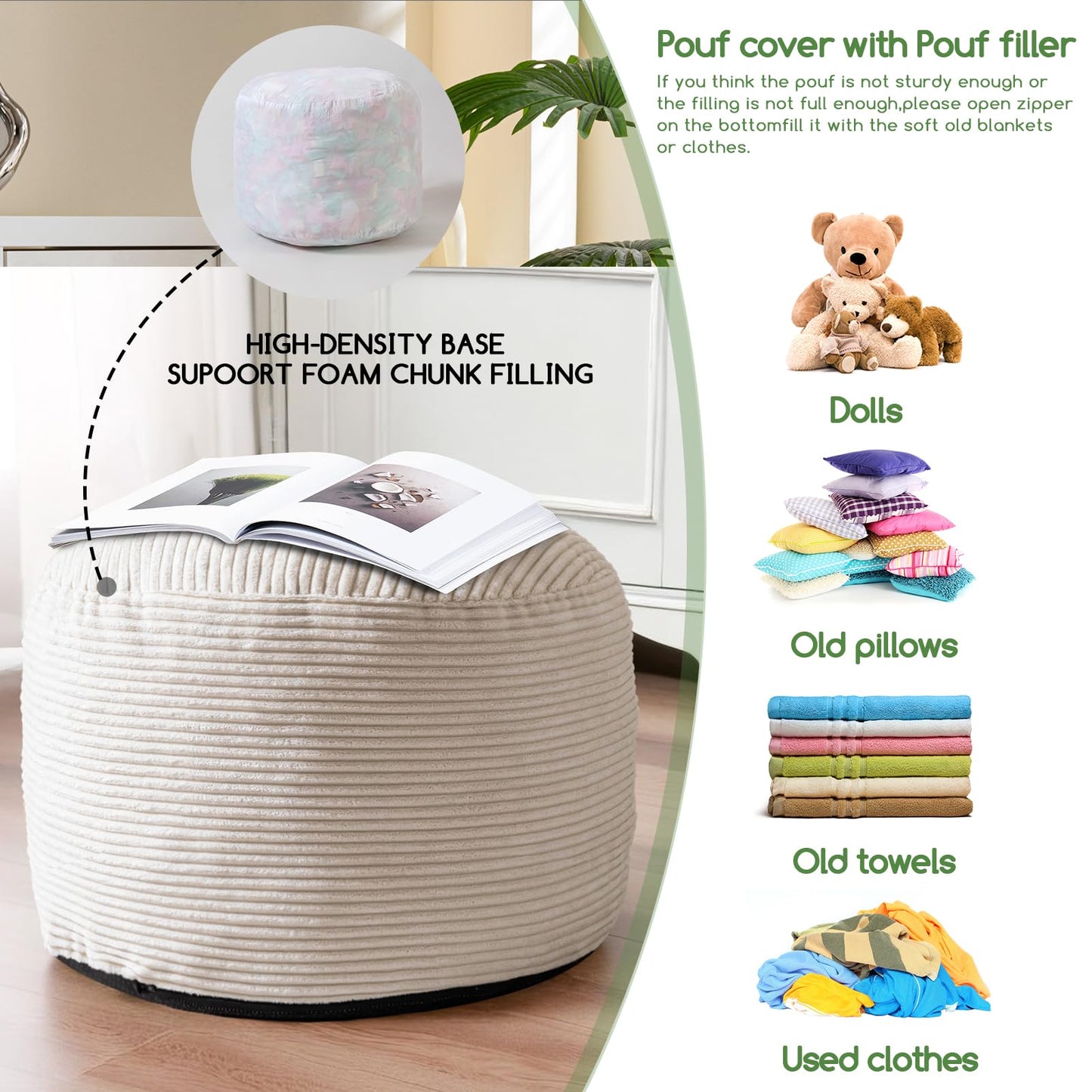 HIGOGOGO Round Stuffed Pouf Ottoman, Corduroy Poufs with Foam Chunk Filling, Corduroy Pouf Foot Stool Storage Ottoman, 26 X 18 Floor Poufs Foot Rest for Living Room, Beige