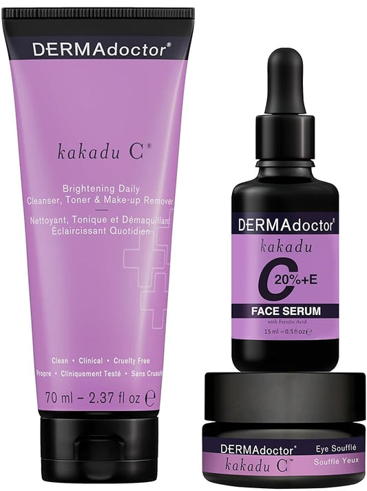DERMAdoctor 20% Vitamin C Face Serum 0.5 fl oz Cleanser 2.37 fl oz with Caffeine Eye Cream Vitamin E & Ferulic Acid | Kakadu C Anti Aging, Hydrating & Discoloration Correcting Serum