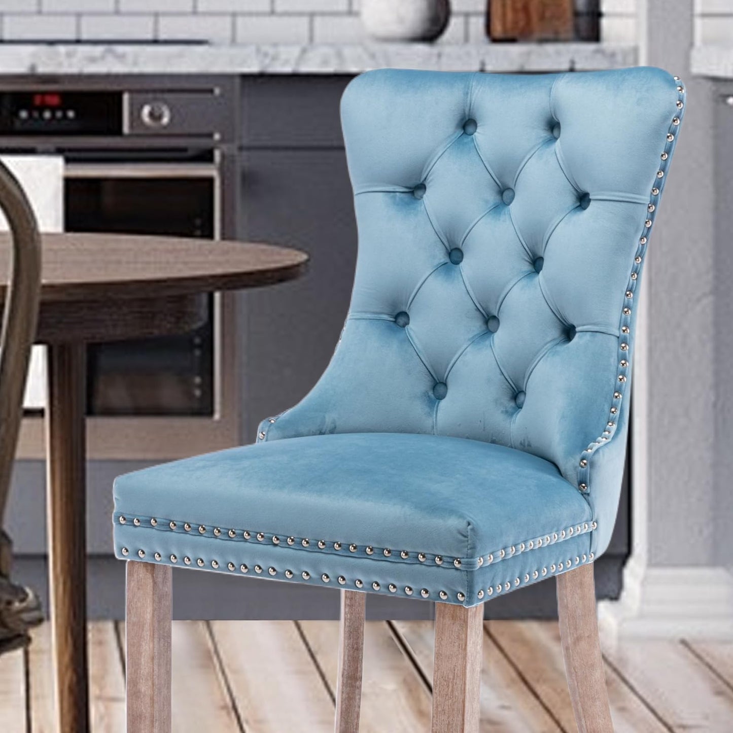 SoarTalent Velvet Upholstered Dining Chairs Set of 4, Modern Style Kitchen Side Chairs with Nailhead Trim and Wood Legs,Metal Pulling Ring for Dining Room Living Room(Sky Blue,Set of 4)