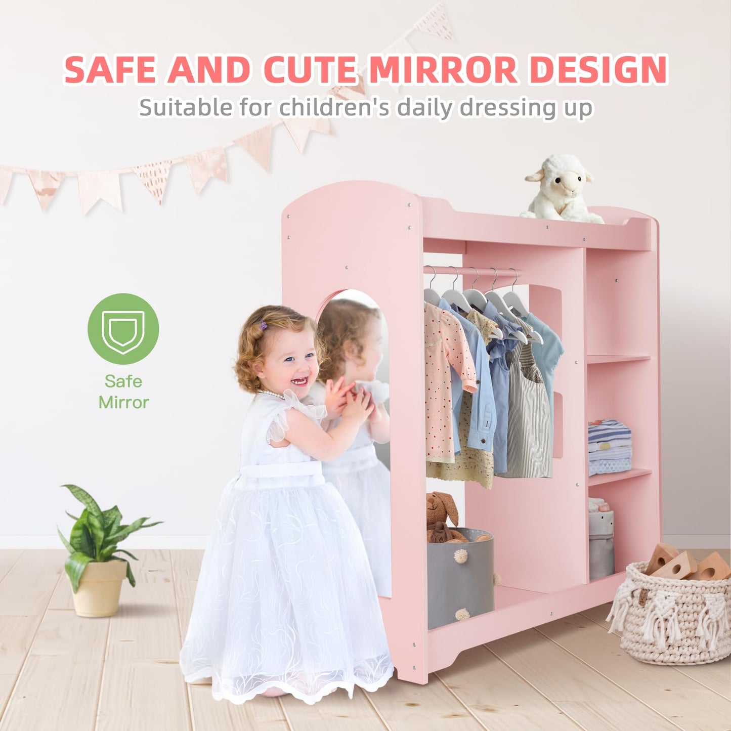 OOOK Kids Clothing Rack and Armoire with Mirror, Appropriate Height Kids Dress up Storage with Anti-tip Device, Helping Children Manage Own Clothes, Nice Dressers for Bedroom, Nursery