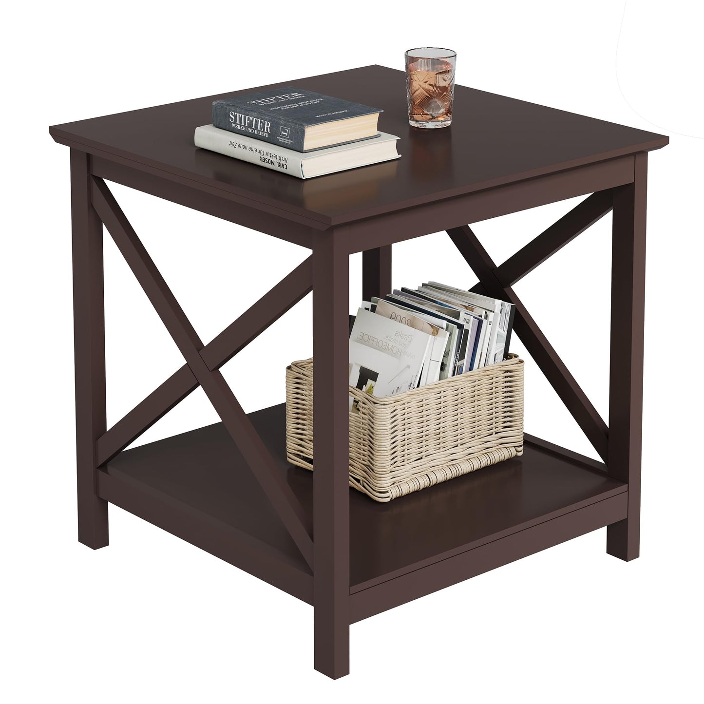 ChooChoo End Table, 24 Inch End Table with 2-Tier Storage Shelf, Side Table for Living Room, Wood Nightstand for Bedroom, Office, Painted Surface, Espresso