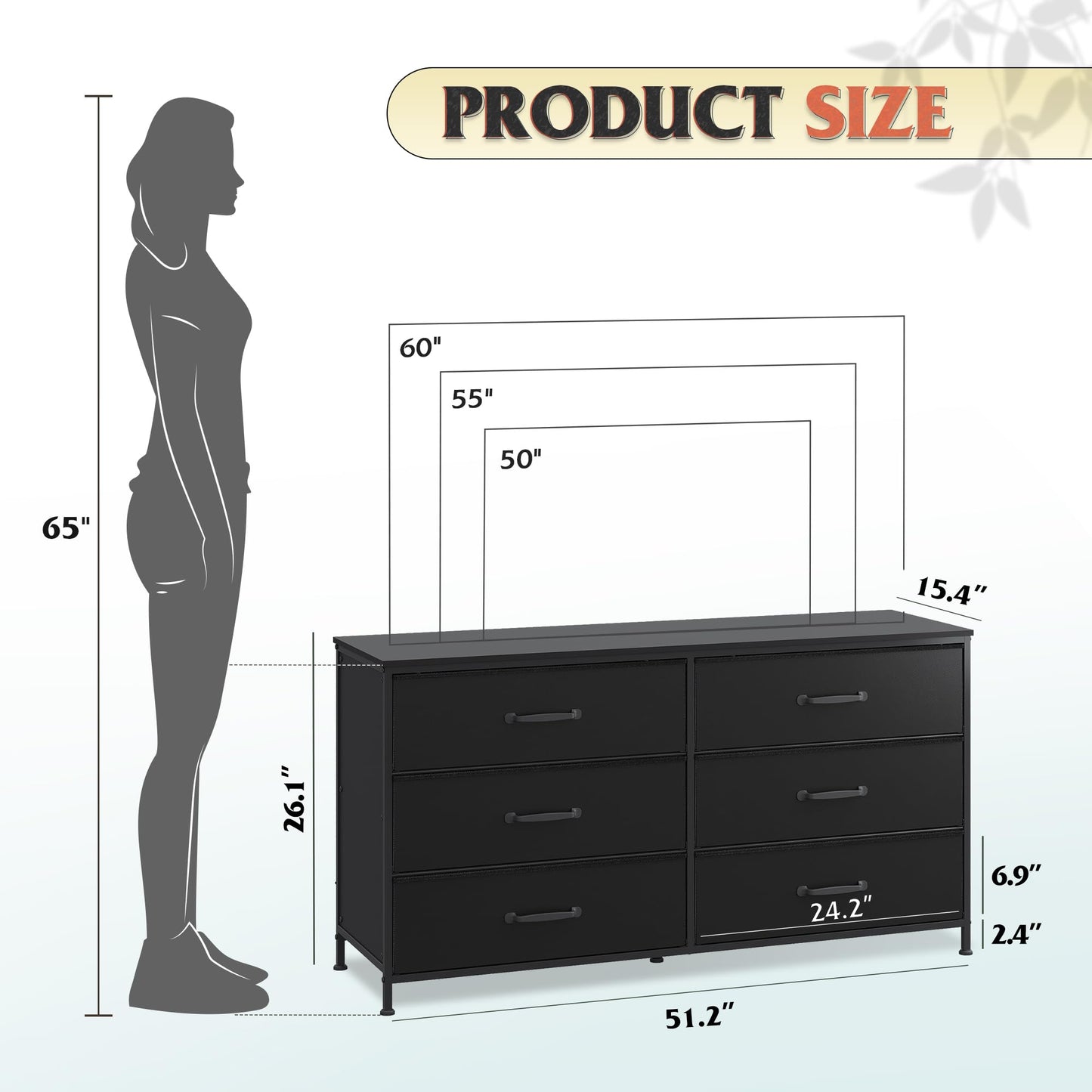 WLIVE 6 Drawer Dresser for Bedroom Large, Fabric Black Dresser TV Stand for 50, 55, 60 inch TV, Wide Long Chest of Drawers with Deep Drawer for Closet, Bedroom, Living Room, Hallway